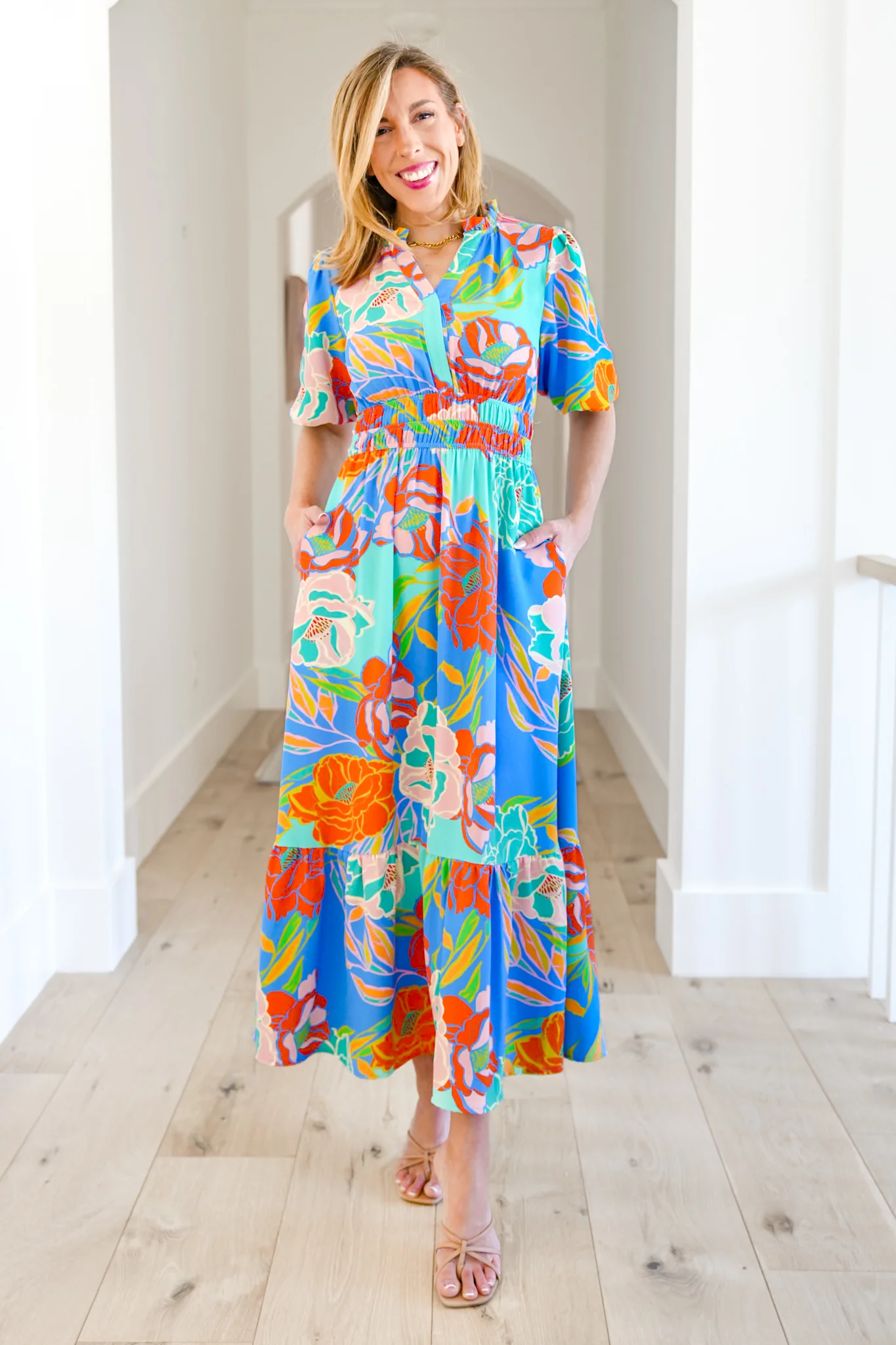 Plus/Reg Floral Short Sleeve Elastic Waist Midi Dress - Image 4