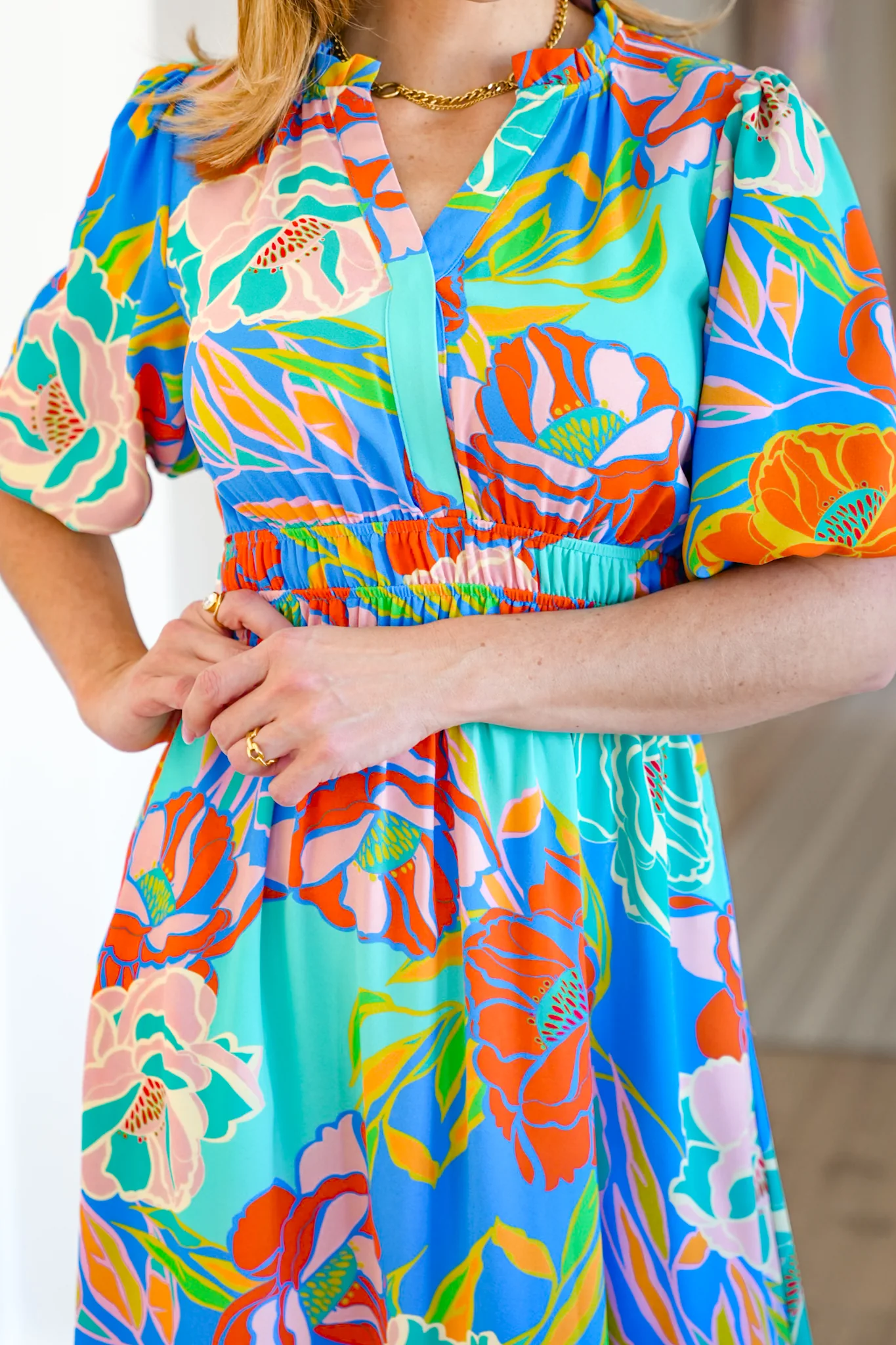 Plus/Reg Floral Short Sleeve Elastic Waist Midi Dress - Image 5