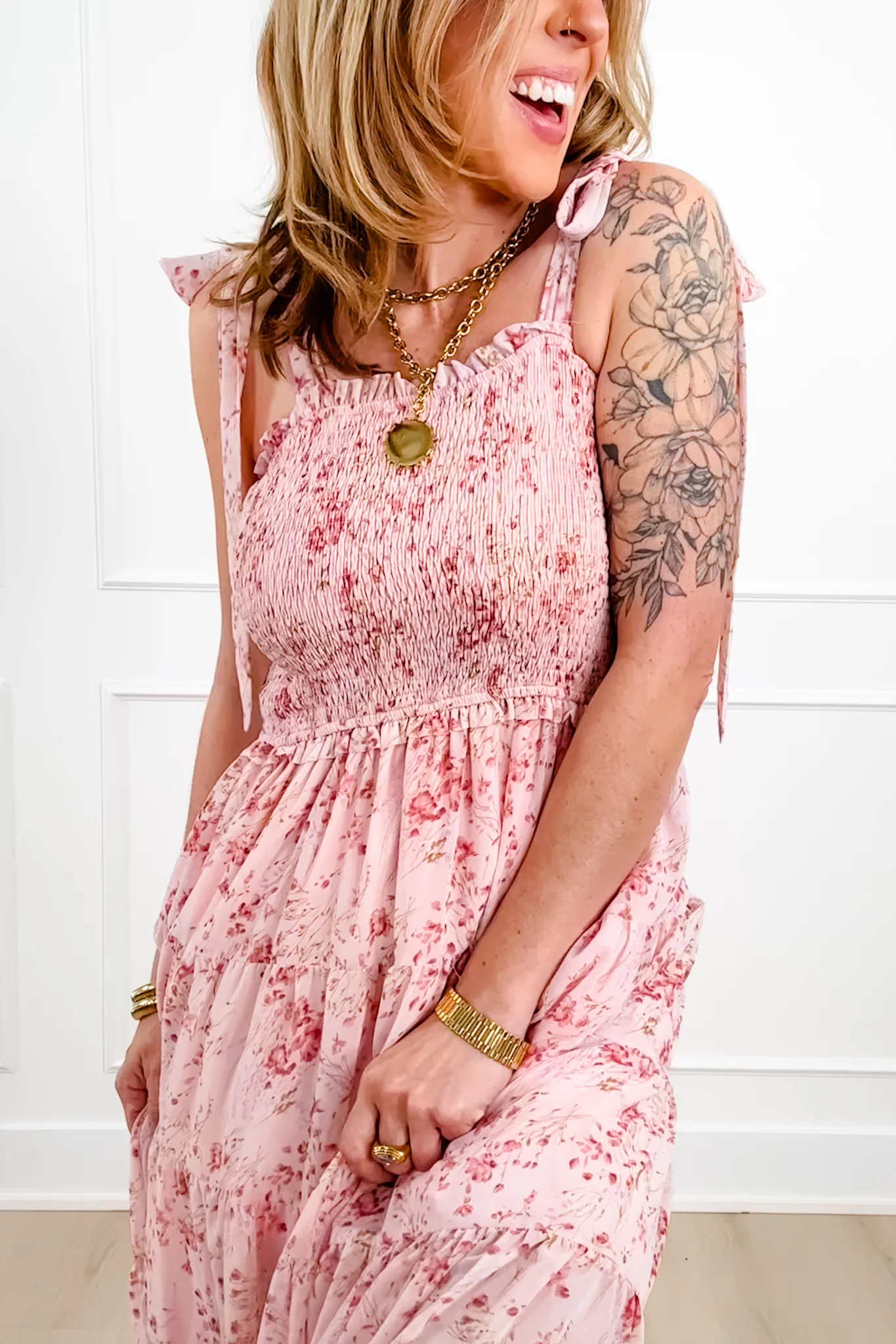 Plus/Reg Floral Sleeveless Smocked Bodice Tiered Midi Dress