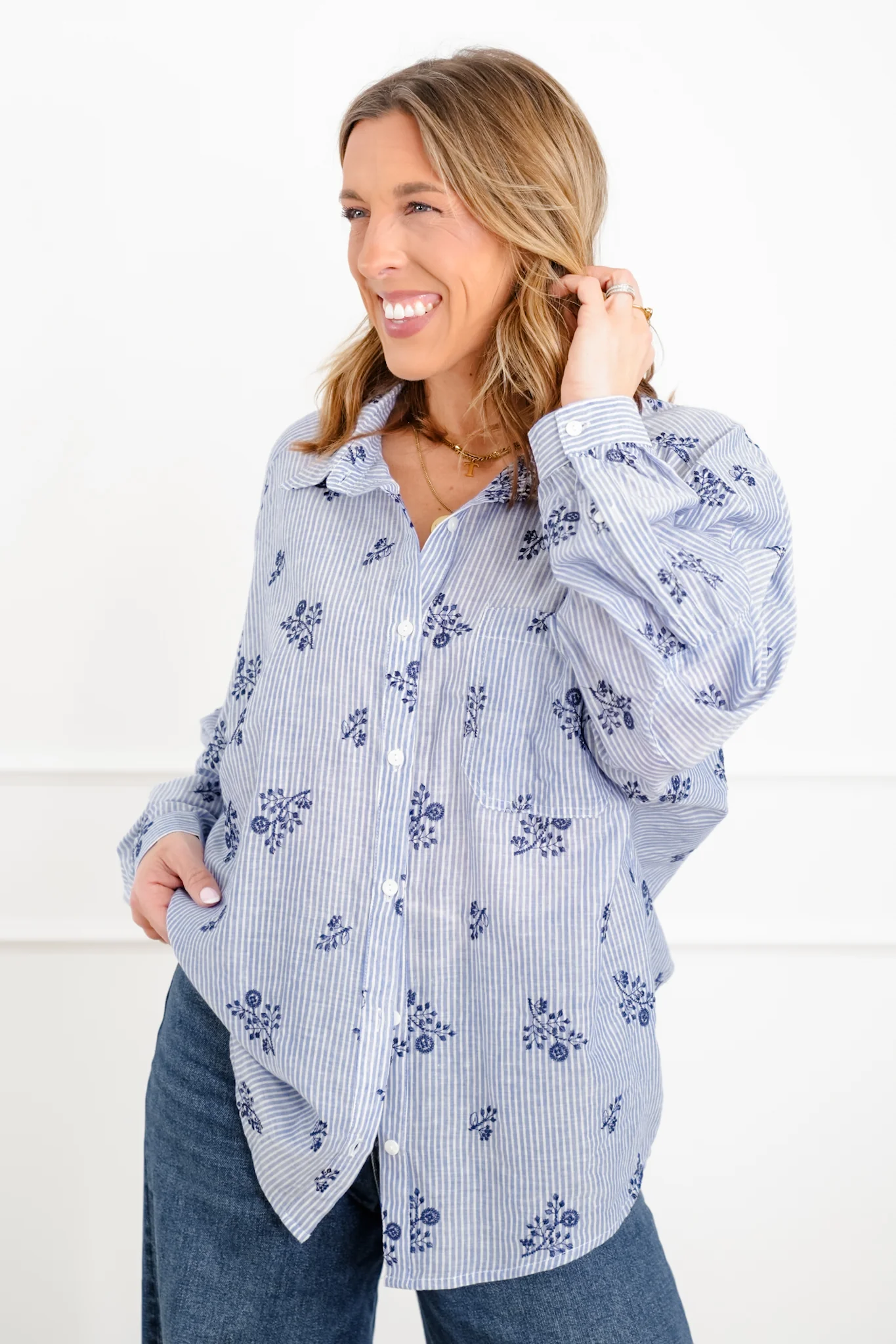 Plus/Reg Floral Stripe Long Sleeve Button Down Top - Image 2