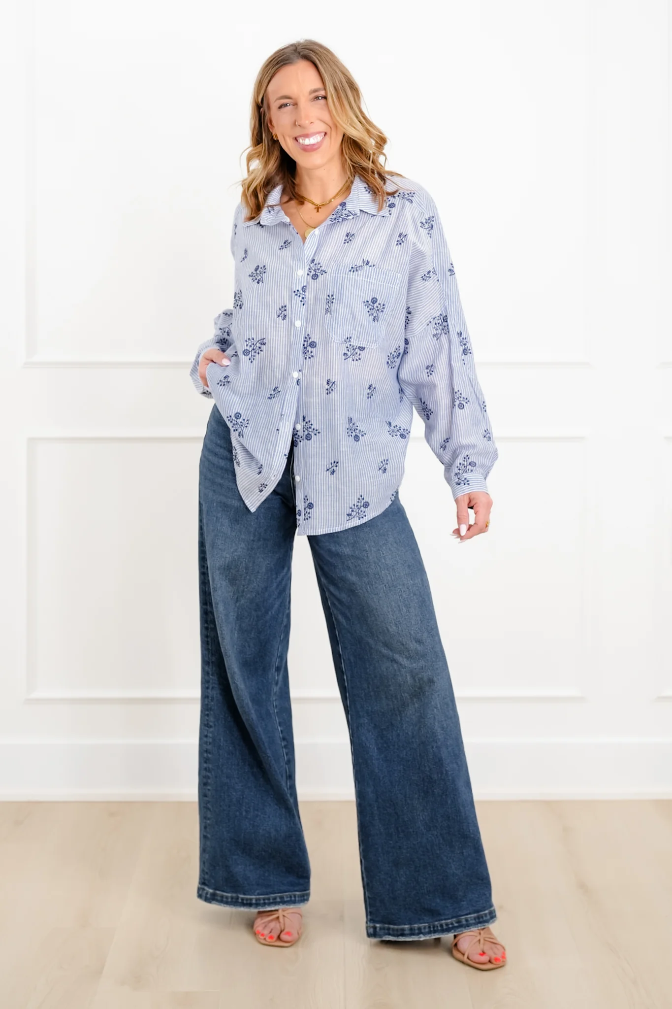 Plus/Reg Floral Stripe Long Sleeve Button Down Top - Image 3