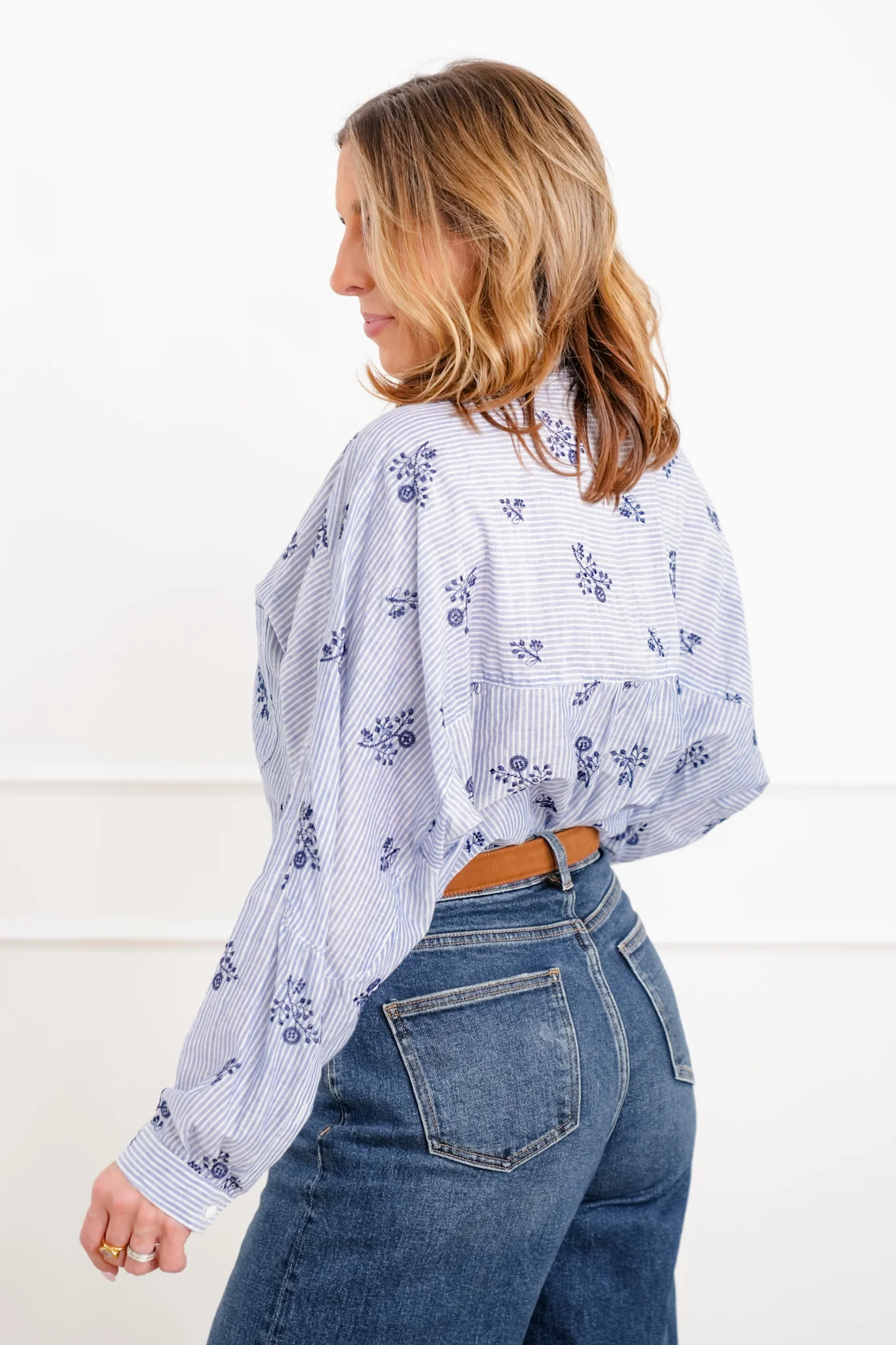 Plus/Reg Floral Stripe Long Sleeve Button Down Top - Image 4