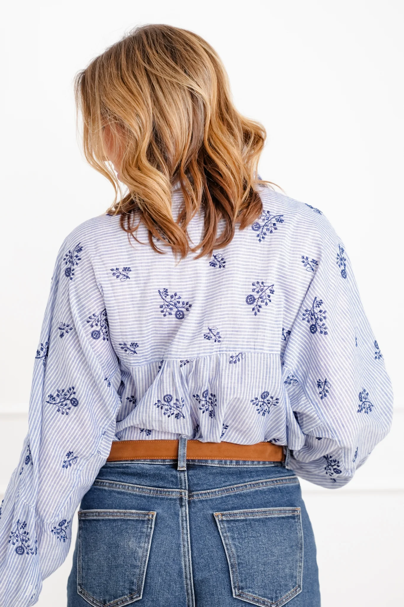 Plus/Reg Floral Stripe Long Sleeve Button Down Top - Image 5