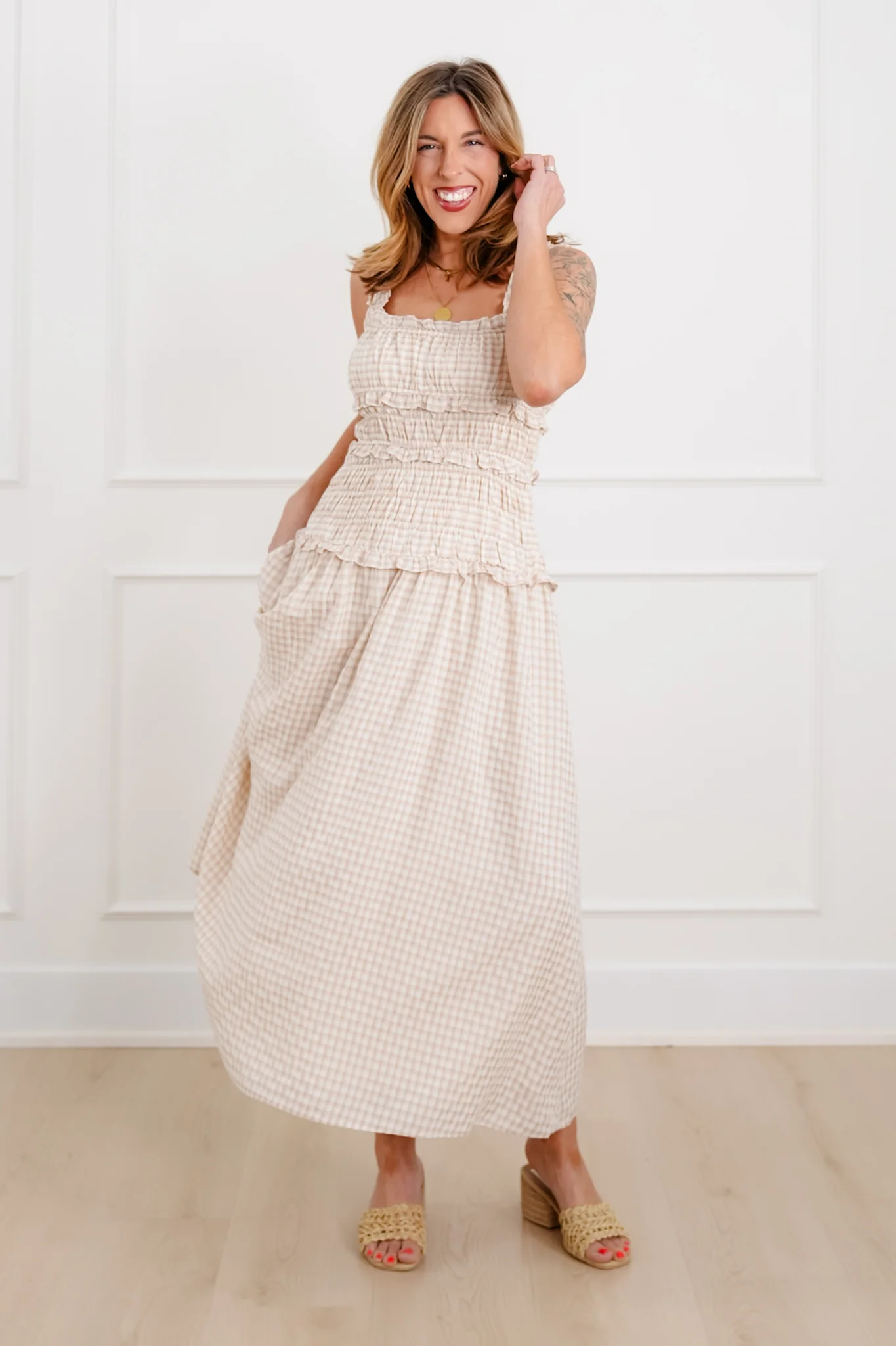 Plus/Reg Gingham Print Sleeveless Ruffle Maxi Dress