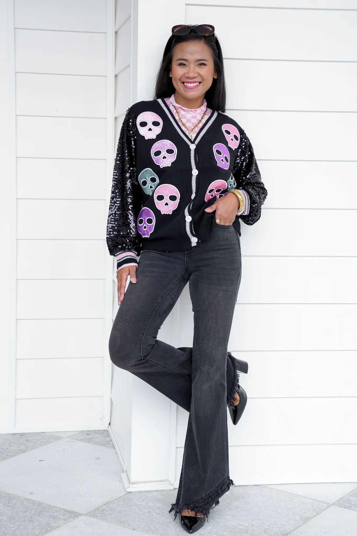 Plus/Reg Glitter Skulls Cardigan with Sequins - Image 3