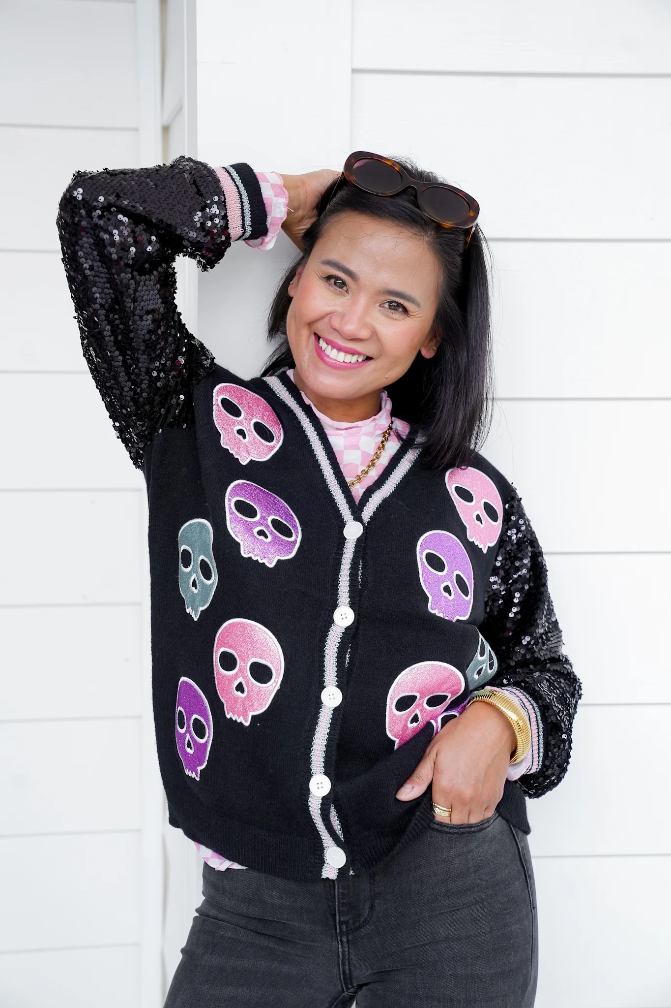 Plus/Reg Glitter Skulls Cardigan with Sequins - Image 4