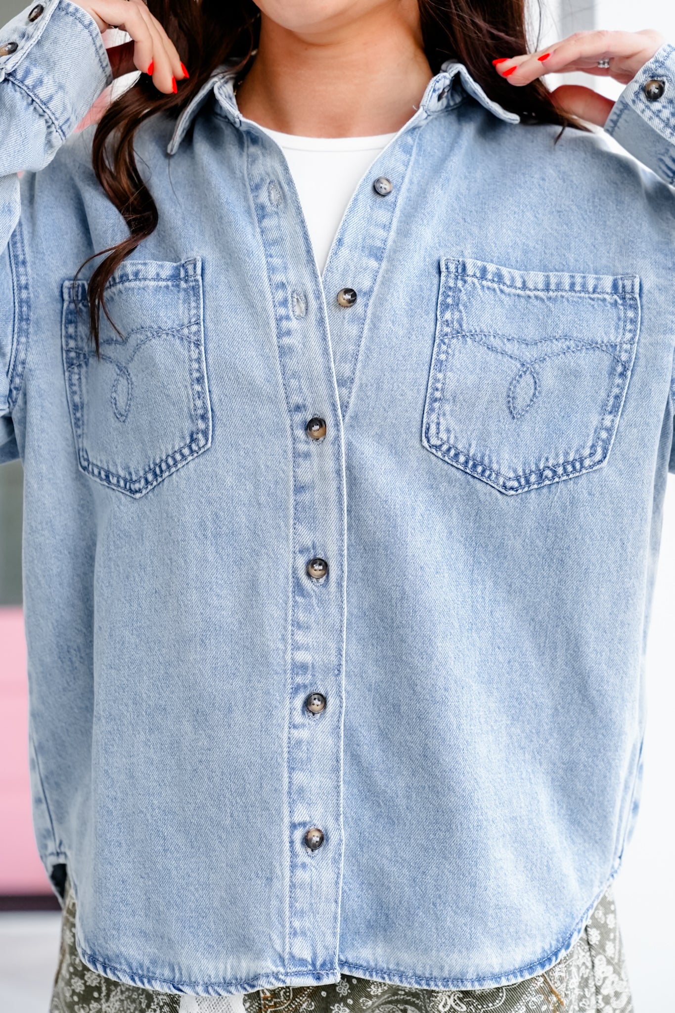 Plus/Reg Judy Blue Light Wash Long Sleeve Button Down Top - Image 6
