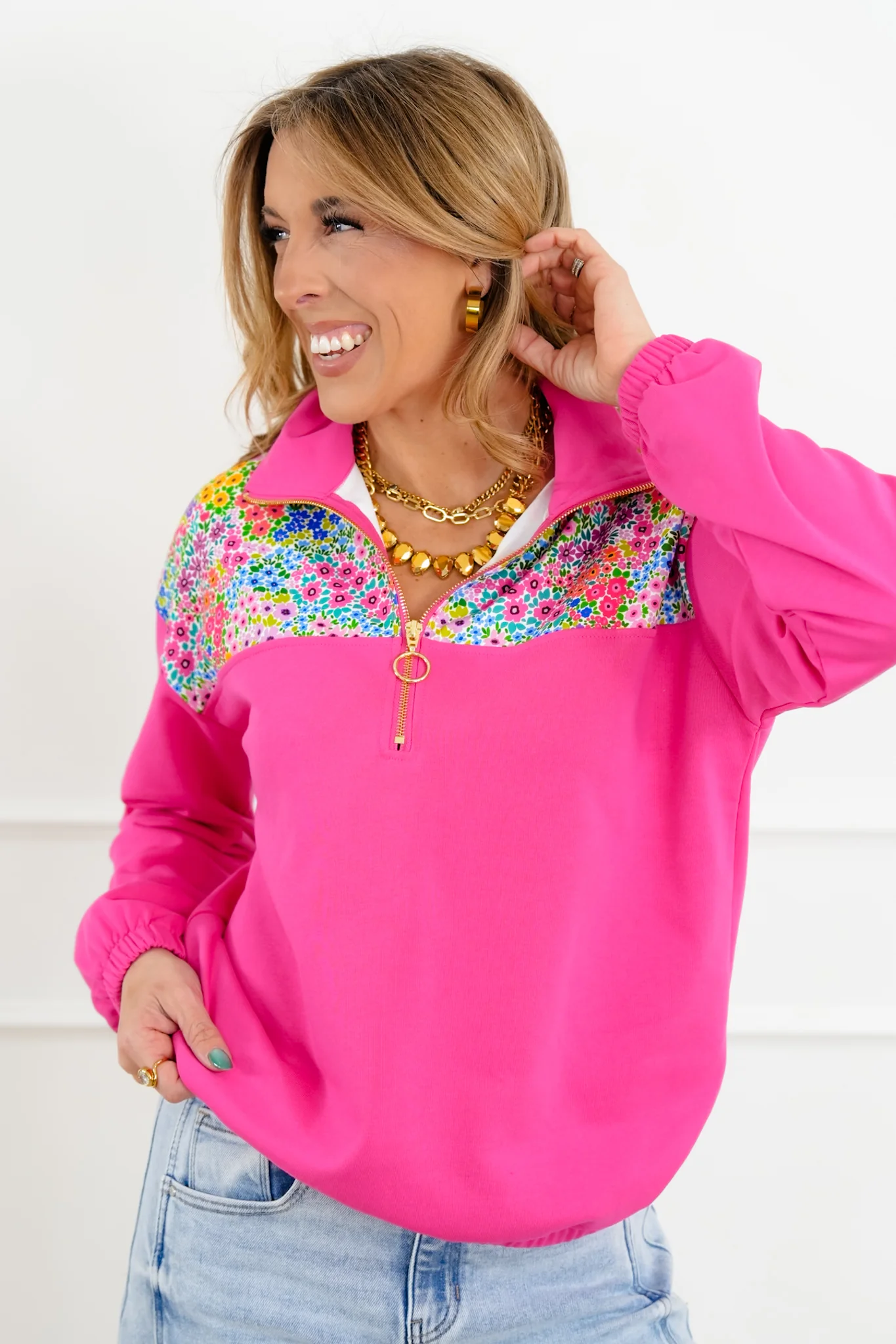 Plus/Reg Long Sleeve 1/4 Zip Pullover with Floral Detail - Image 2