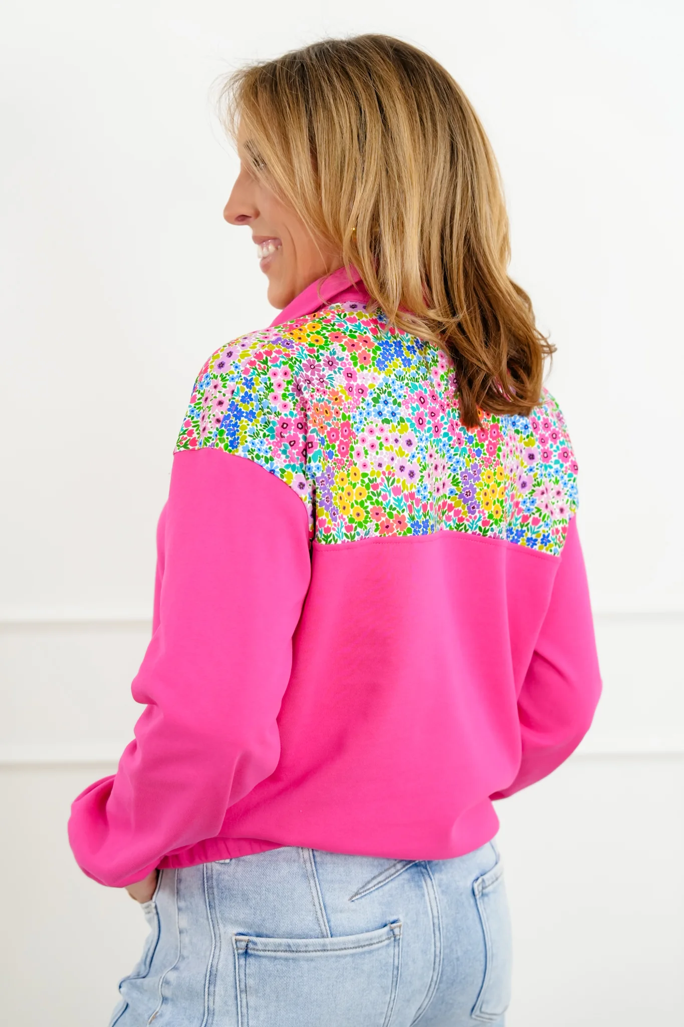 Plus/Reg Long Sleeve 1/4 Zip Pullover with Floral Detail - Image 4
