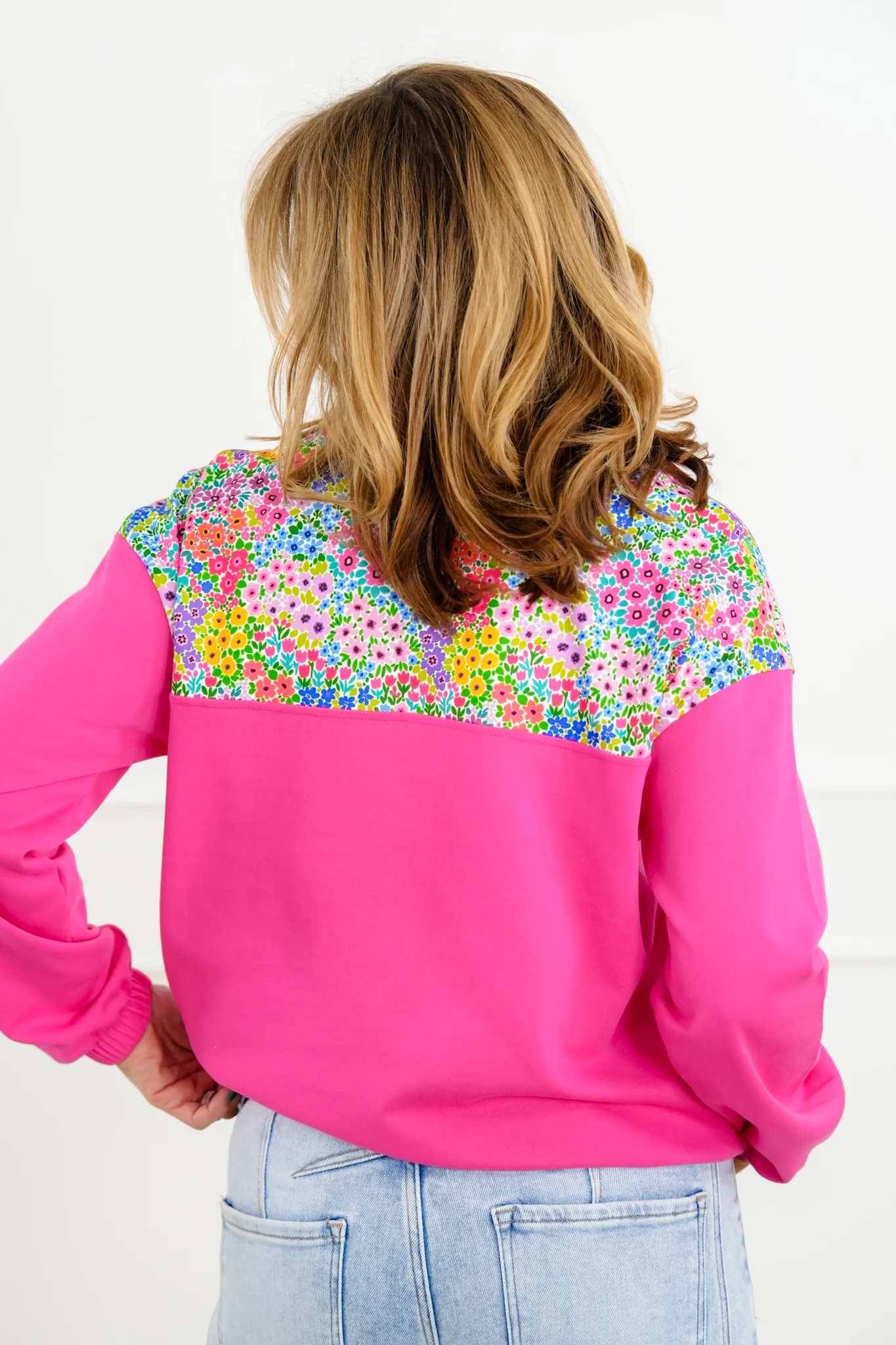 Plus/Reg Long Sleeve 1/4 Zip Pullover with Floral Detail - Image 5