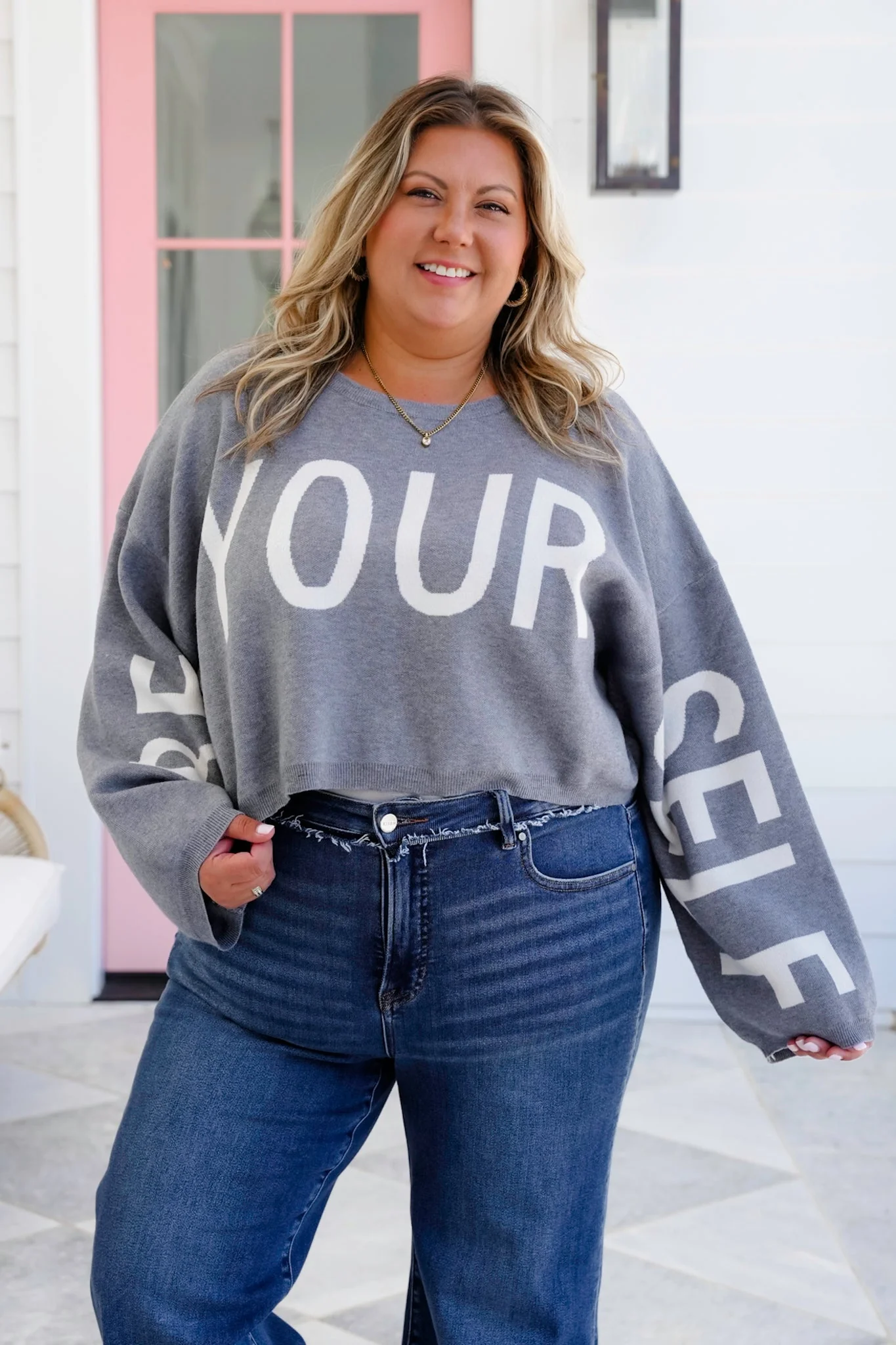 Plus/Reg Long Sleeve "Be Your Self" Cropped Sweater - Image 4
