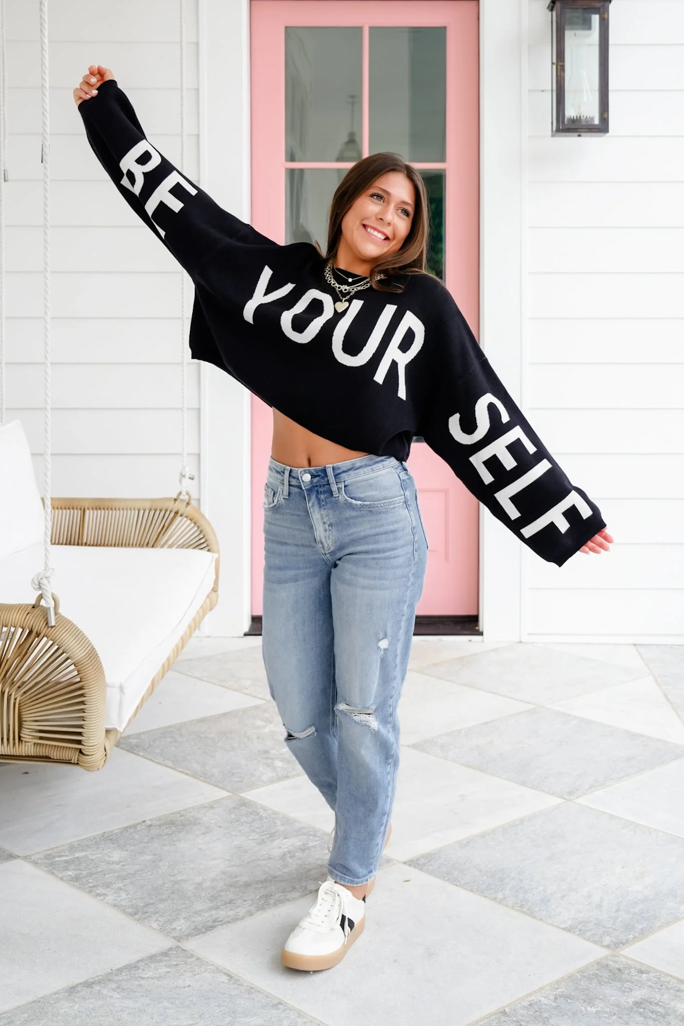 Plus/Reg Long Sleeve "Be Your Self" Cropped Sweater - Image 5