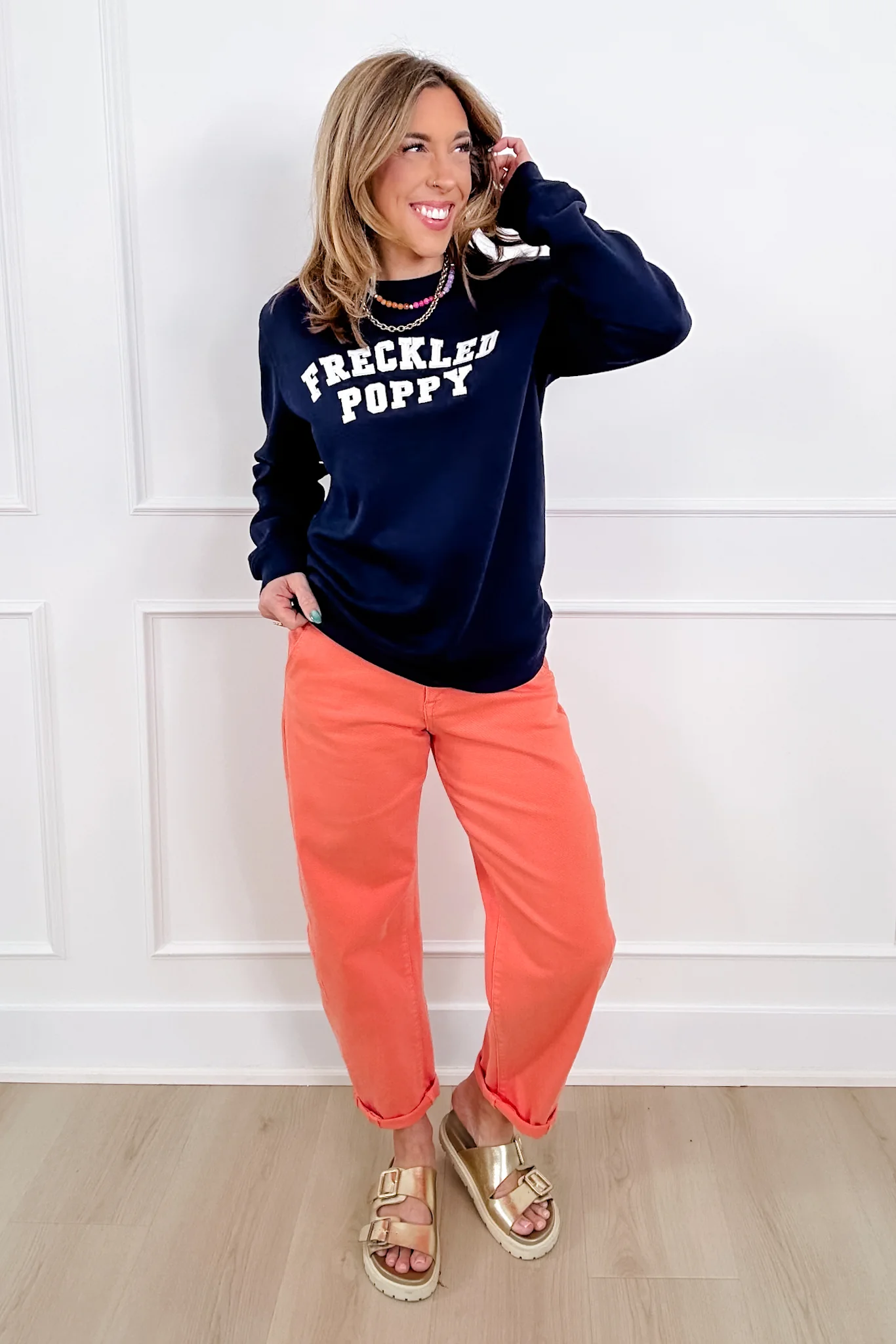 Plus/Reg Navy Long Sleeve Embroidered "Freckled Poppy" Sweatshirt - Image 3
