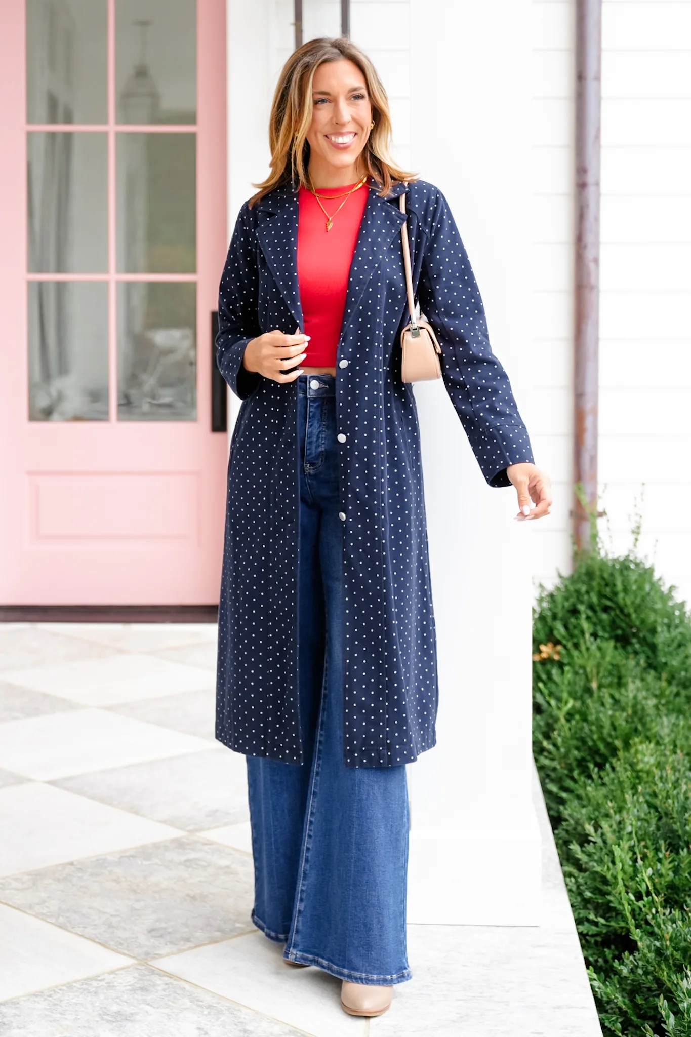 Plus/Reg Polka Dot Pattern Long Sleeve Button Up Duster Jacket - Image 5
