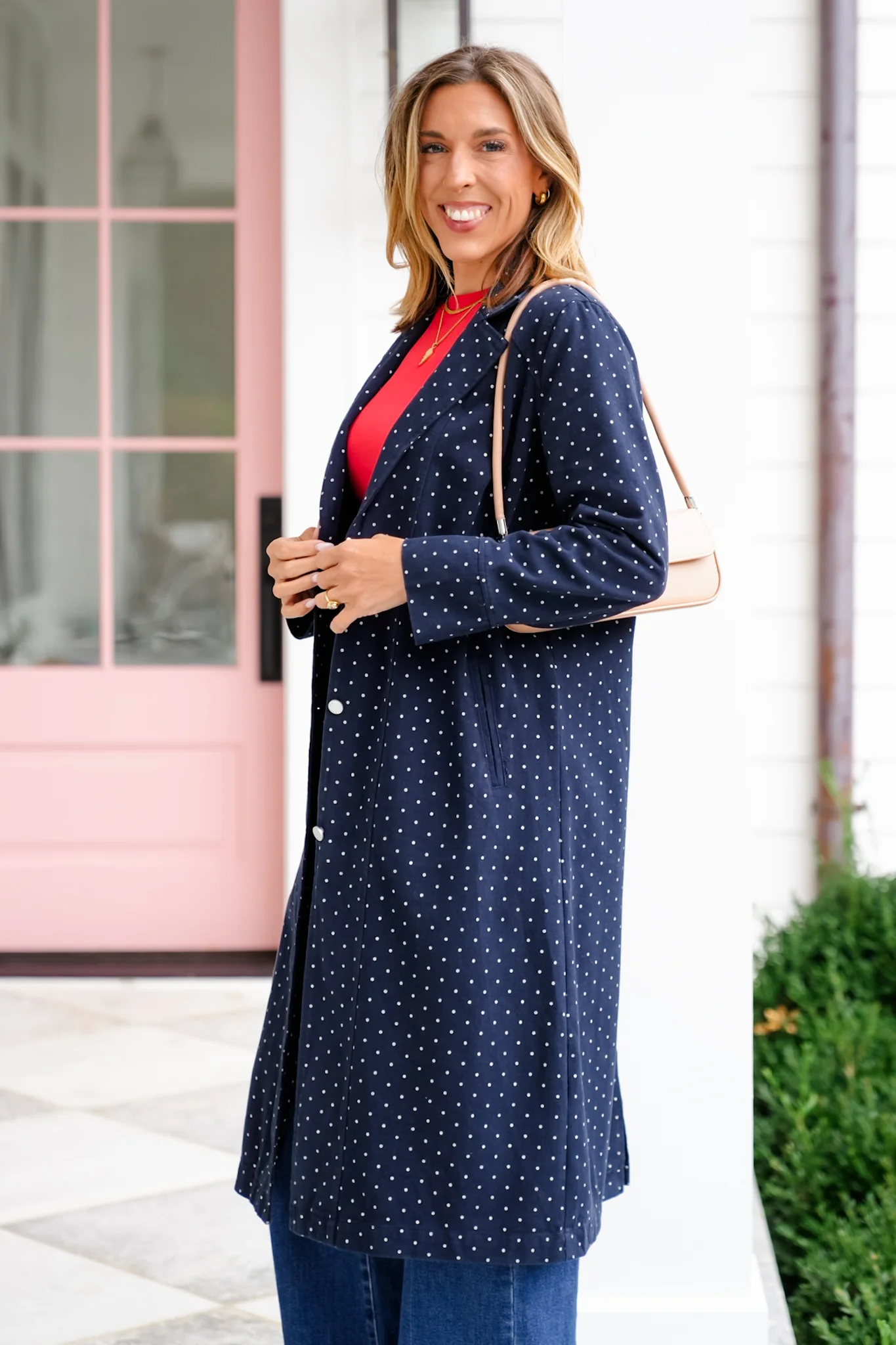Plus/Reg Polka Dot Pattern Long Sleeve Button Up Duster Jacket - Image 6