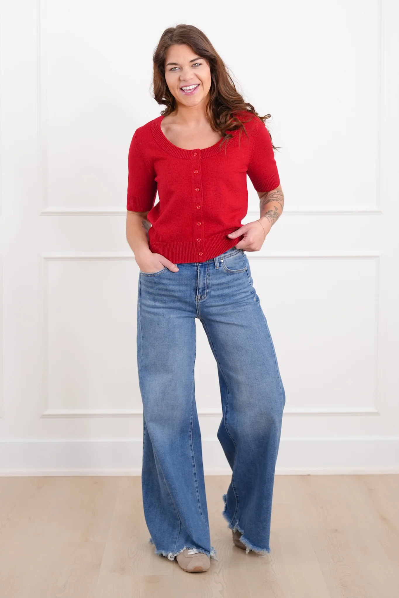 Plus/Reg Red Short Sleeve Button Up Knit Sweater - Image 2