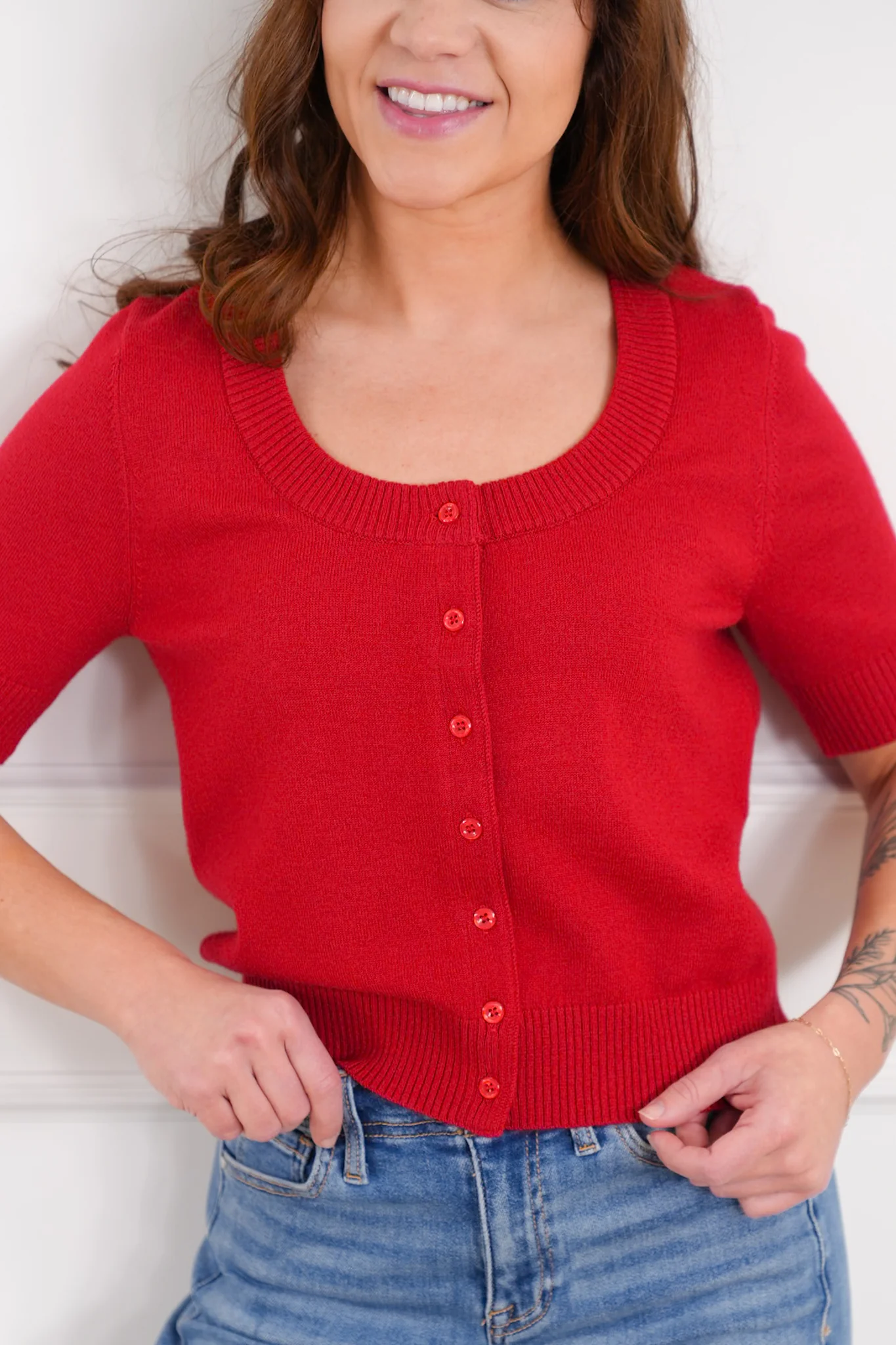 Plus/Reg Red Short Sleeve Button Up Knit Sweater - Image 3