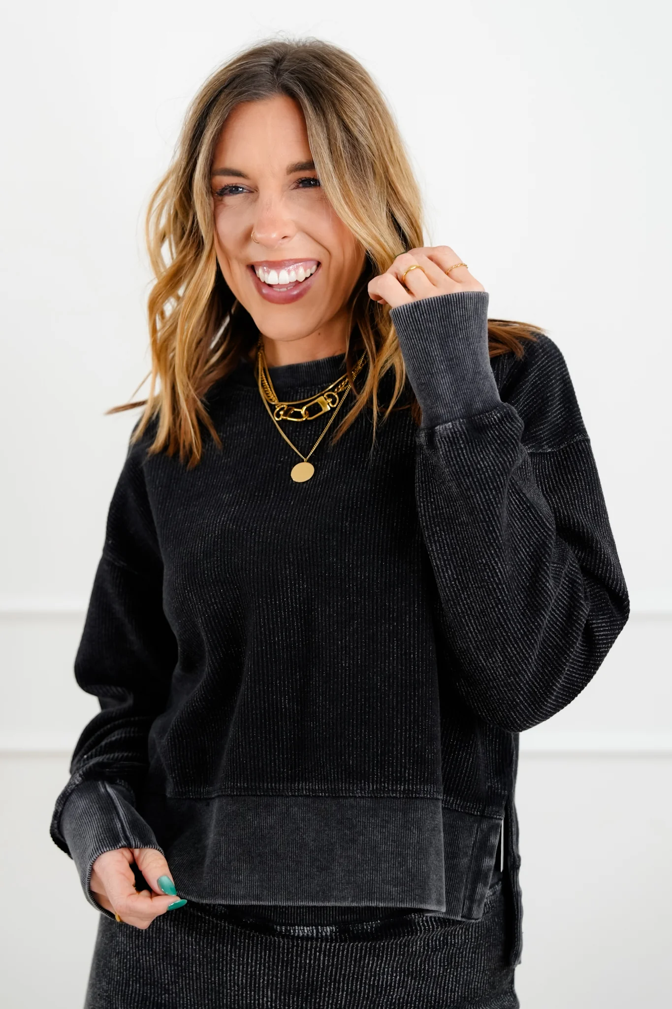 Plus/Reg Ribbed Long Sleeve Cropped Pullover Top - Image 2