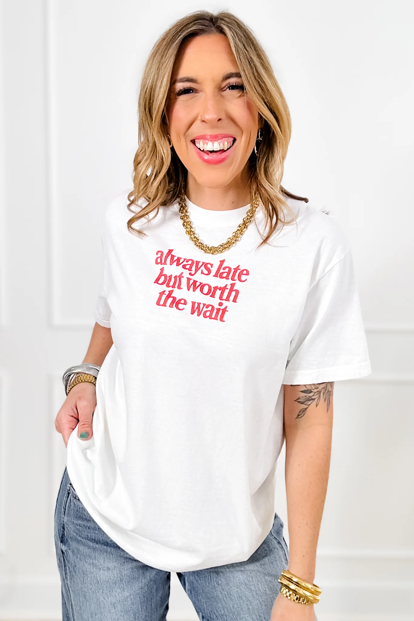 Plus/Reg Short Sleeve "Always Late But Worth It" Graphic Tee - Image 2