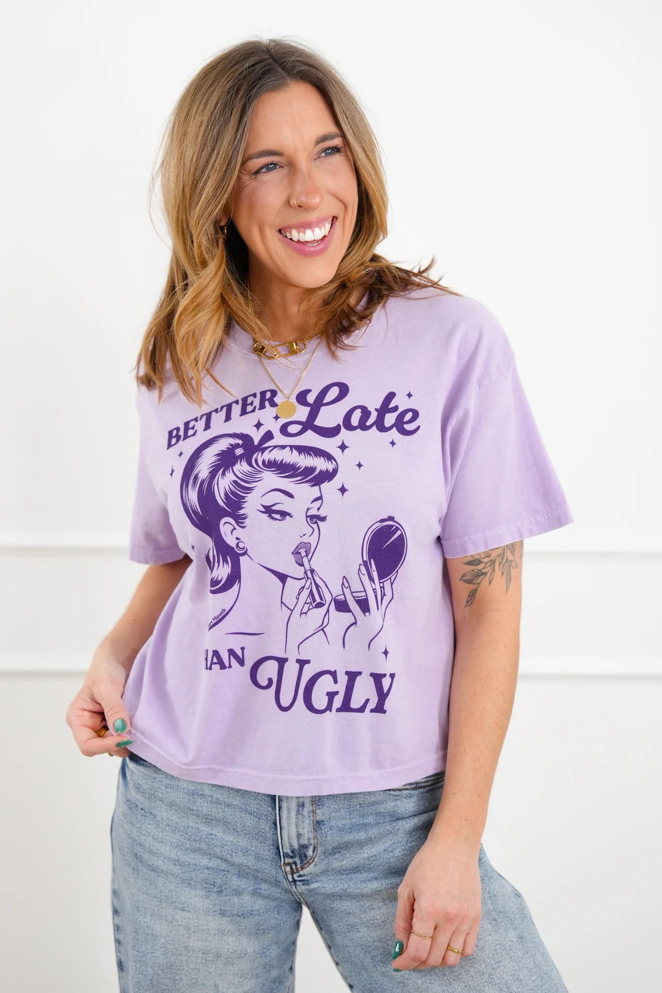 Plus/Reg Short Sleeve "Better Late Than Ugly" Graphic Tee - Image 4
