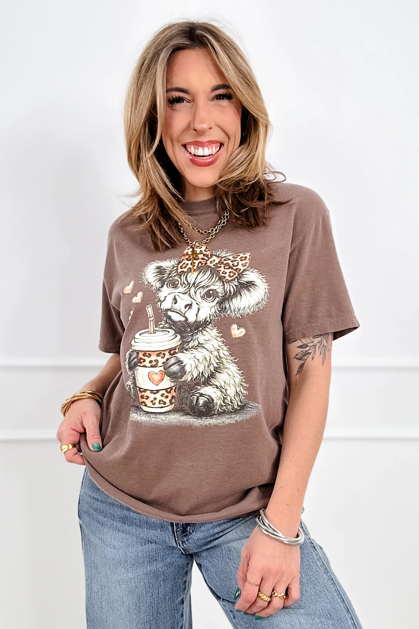 Plus/Reg Short Sleeve Cow with Coffee Graphic Tee - Image 2