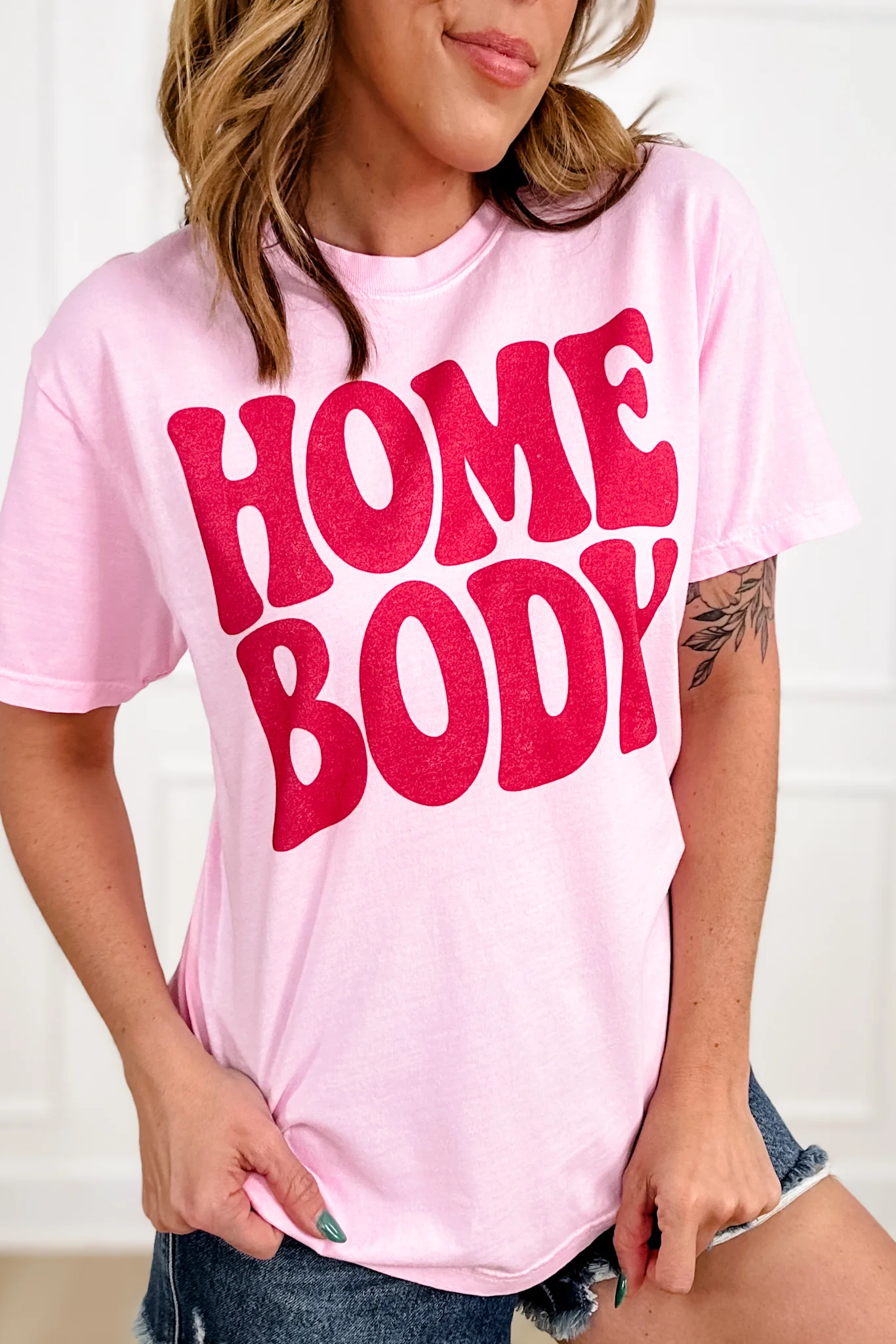 Plus/Reg Short Sleeve Light Pink "Home Body" Graphic Tee - Image 3