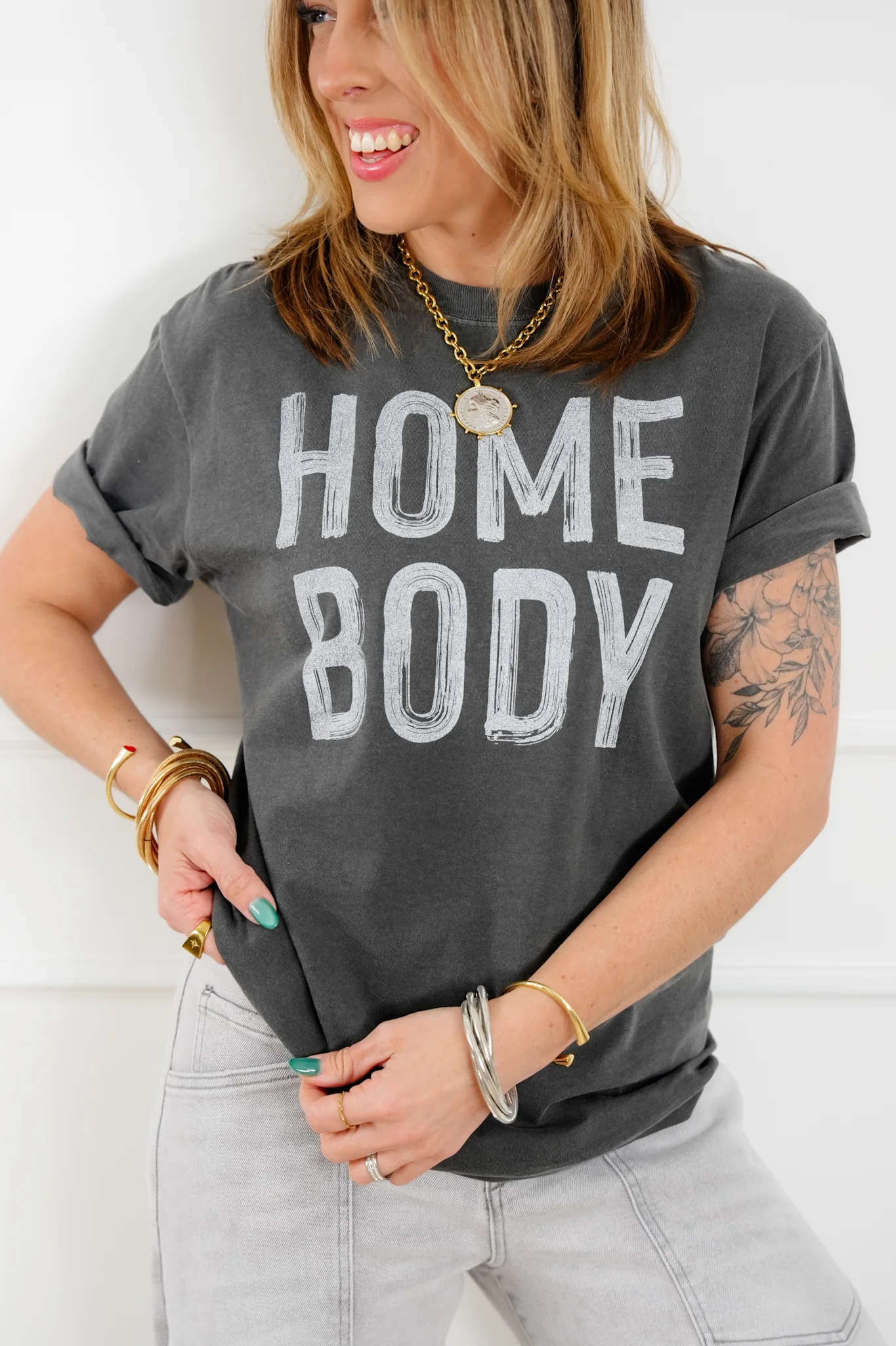 Plus/Reg Short Sleeve Washed Grey "Homebody" Graphic Tee - Image 2