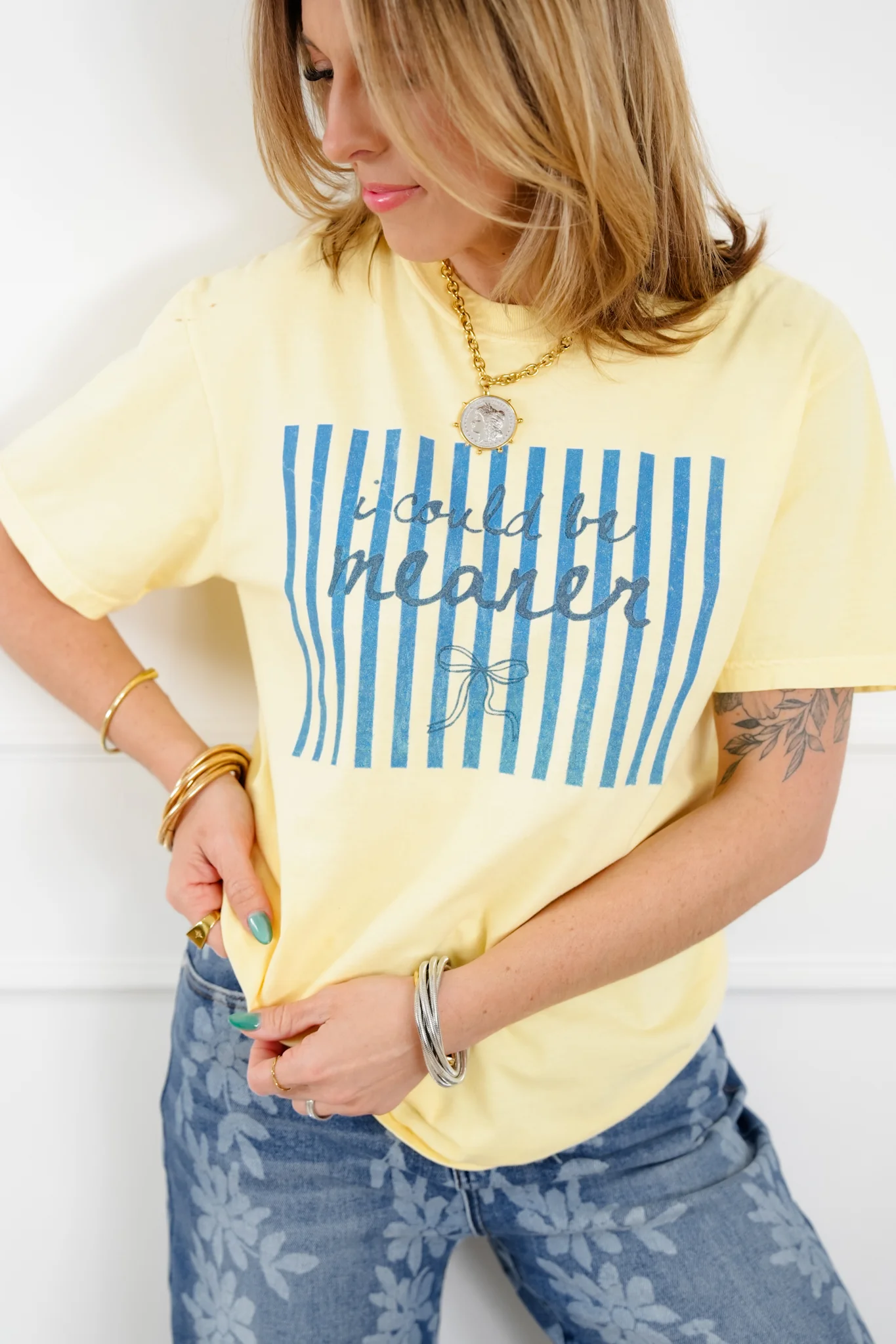 Plus/Reg Short Sleeve Yellow "I Could Be Meaner" Graphic Tee - Image 2