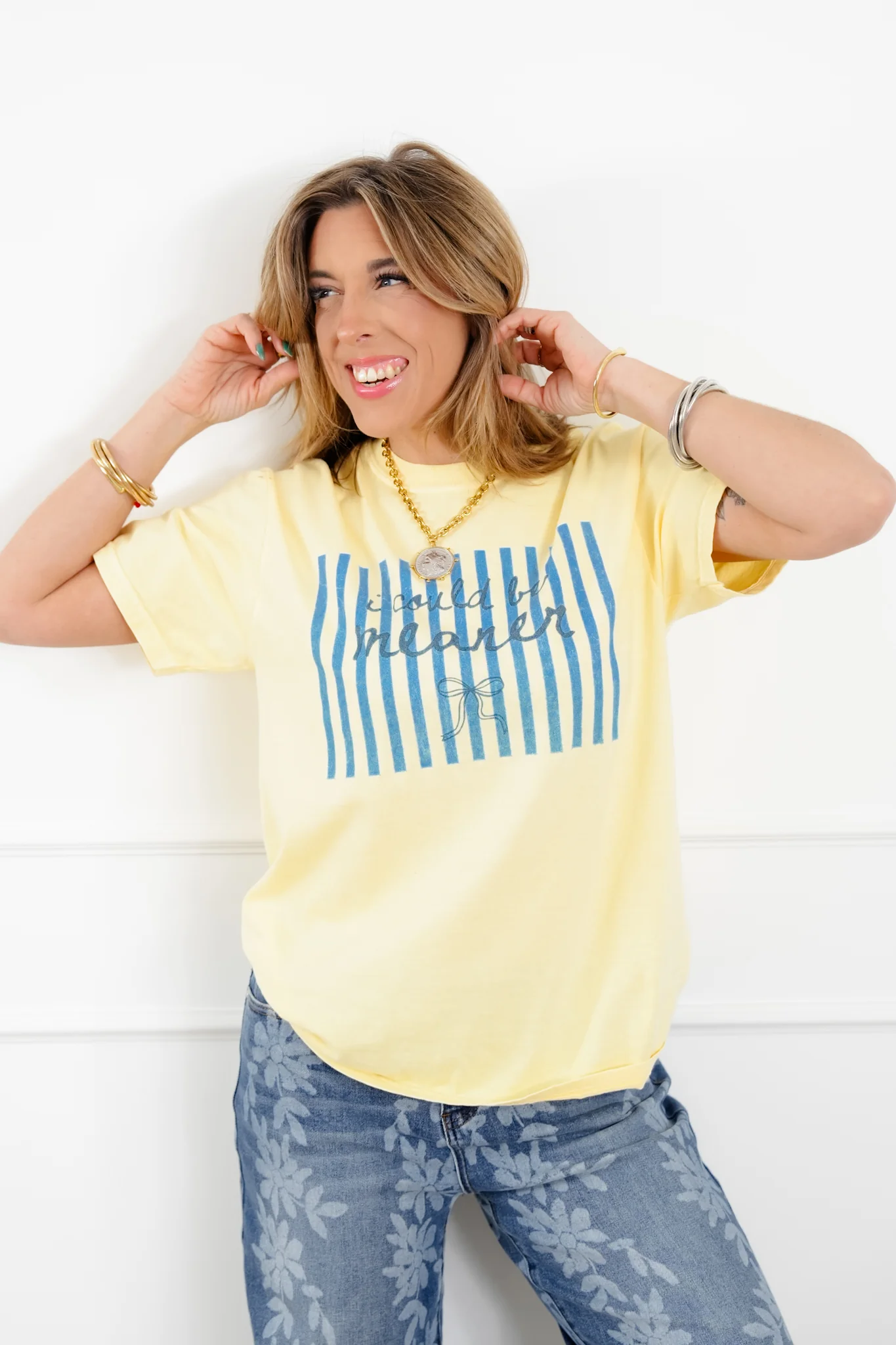 Plus/Reg Short Sleeve Yellow "I Could Be Meaner" Graphic Tee - Image 3