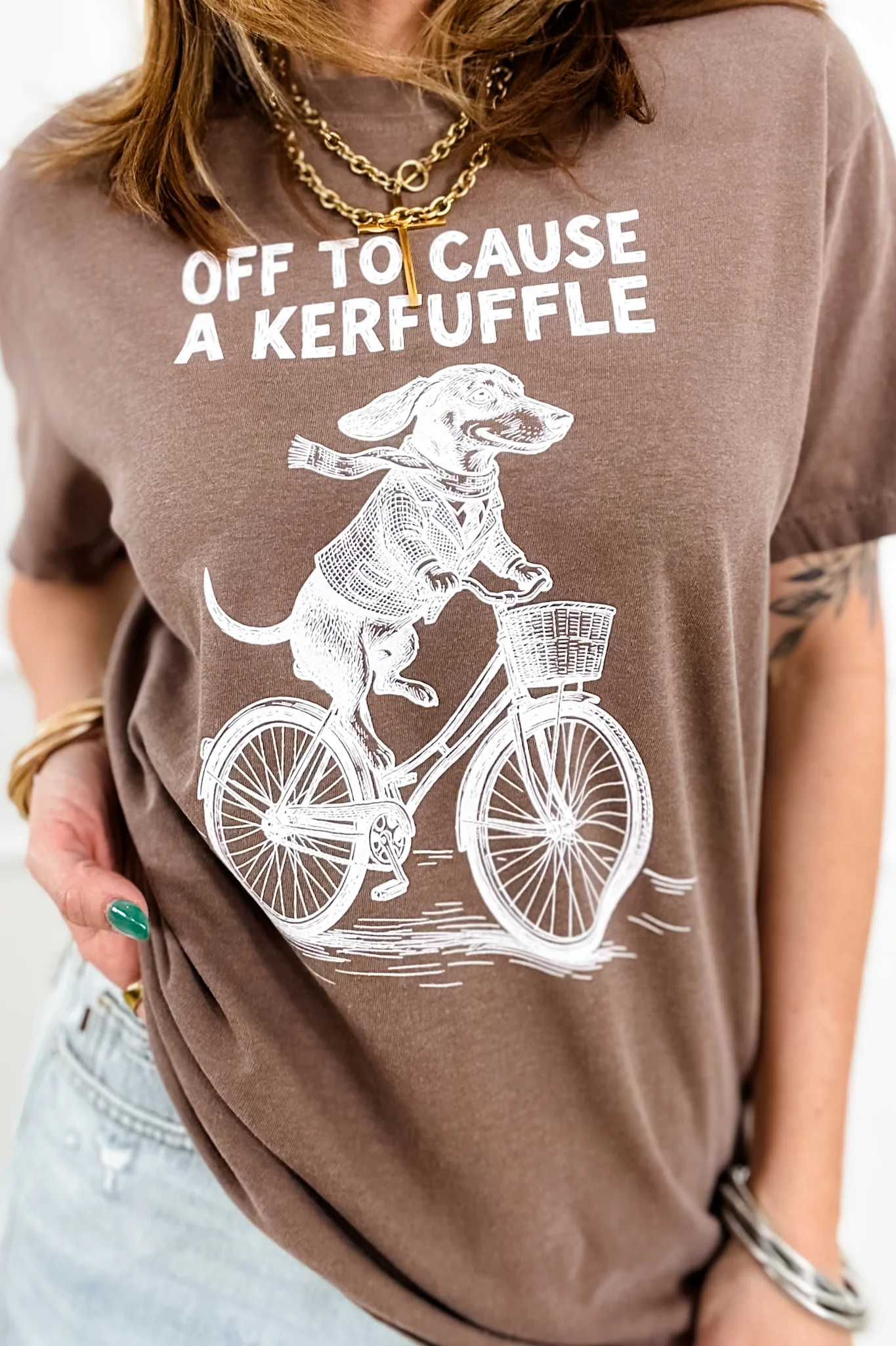 Plus/Reg Short Sleeve Espresso "Off To Cause a Kerfuffle" Graphic Tee - Image 4