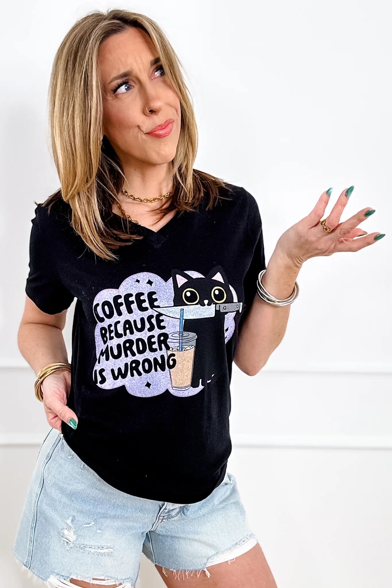 Plus/Reg Short Sleeve V Neck "Coffee Because Murder Is Wrong" Graphic Tee - Image 2