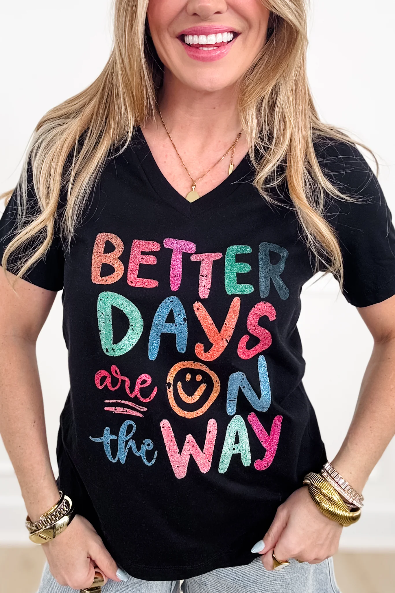 Plus/Reg Short Sleeve V Neck "Better Days Are On The Way" Graphic Tee - Image 2