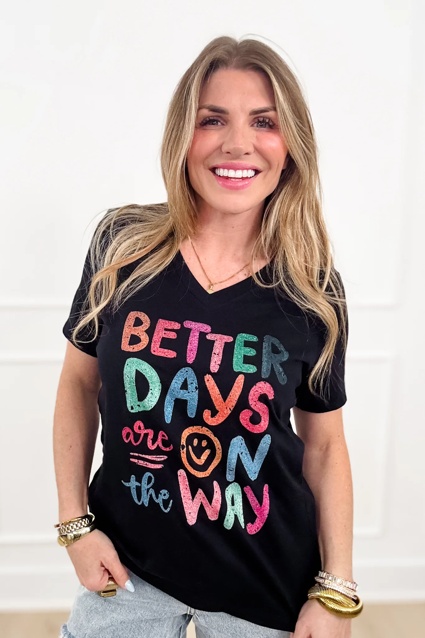Plus/Reg Short Sleeve V Neck "Better Days Are On The Way" Graphic Tee - Image 3