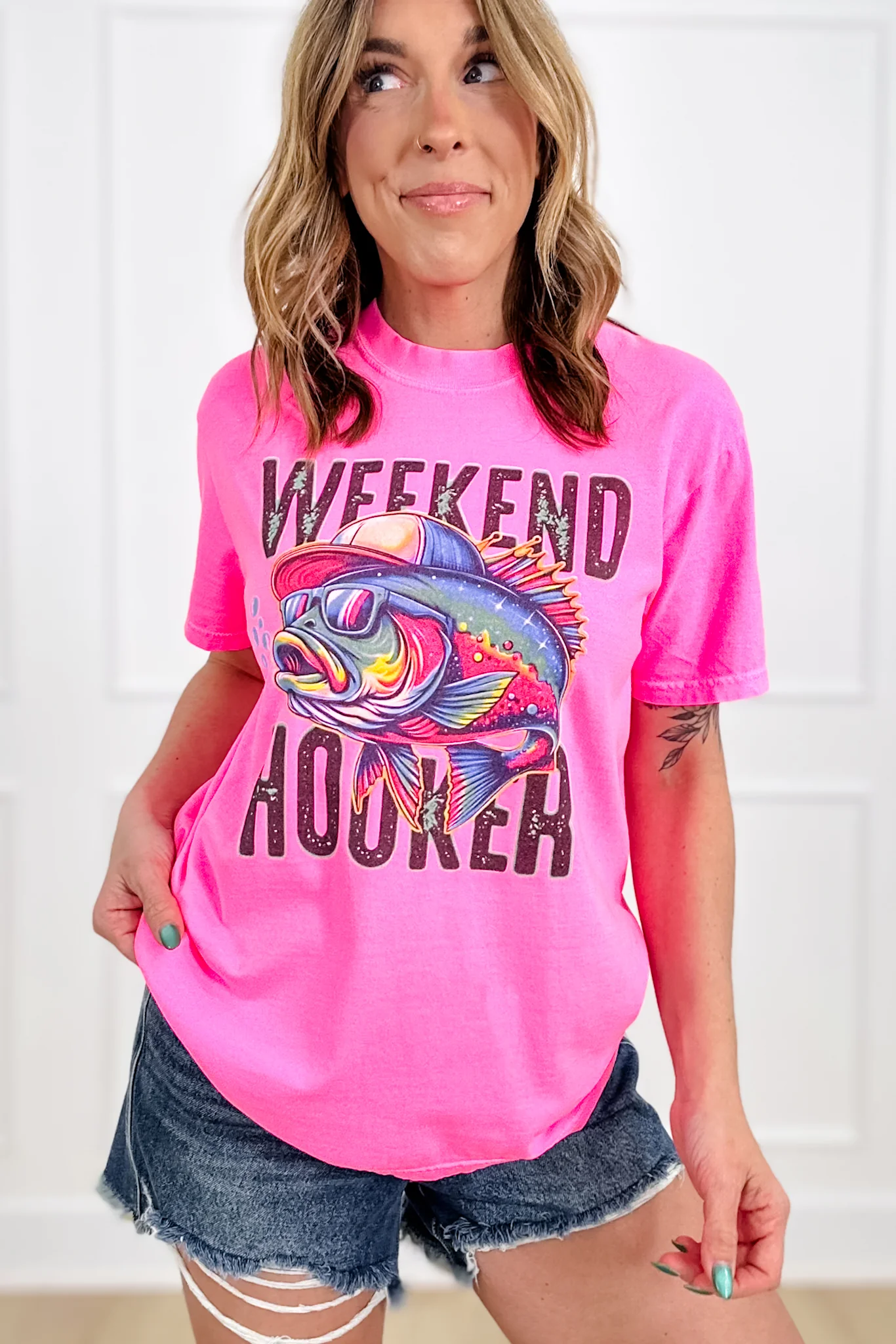 Plus/Reg Short Sleeve Bright Pink "Weekend Hooker" Graphic Tee