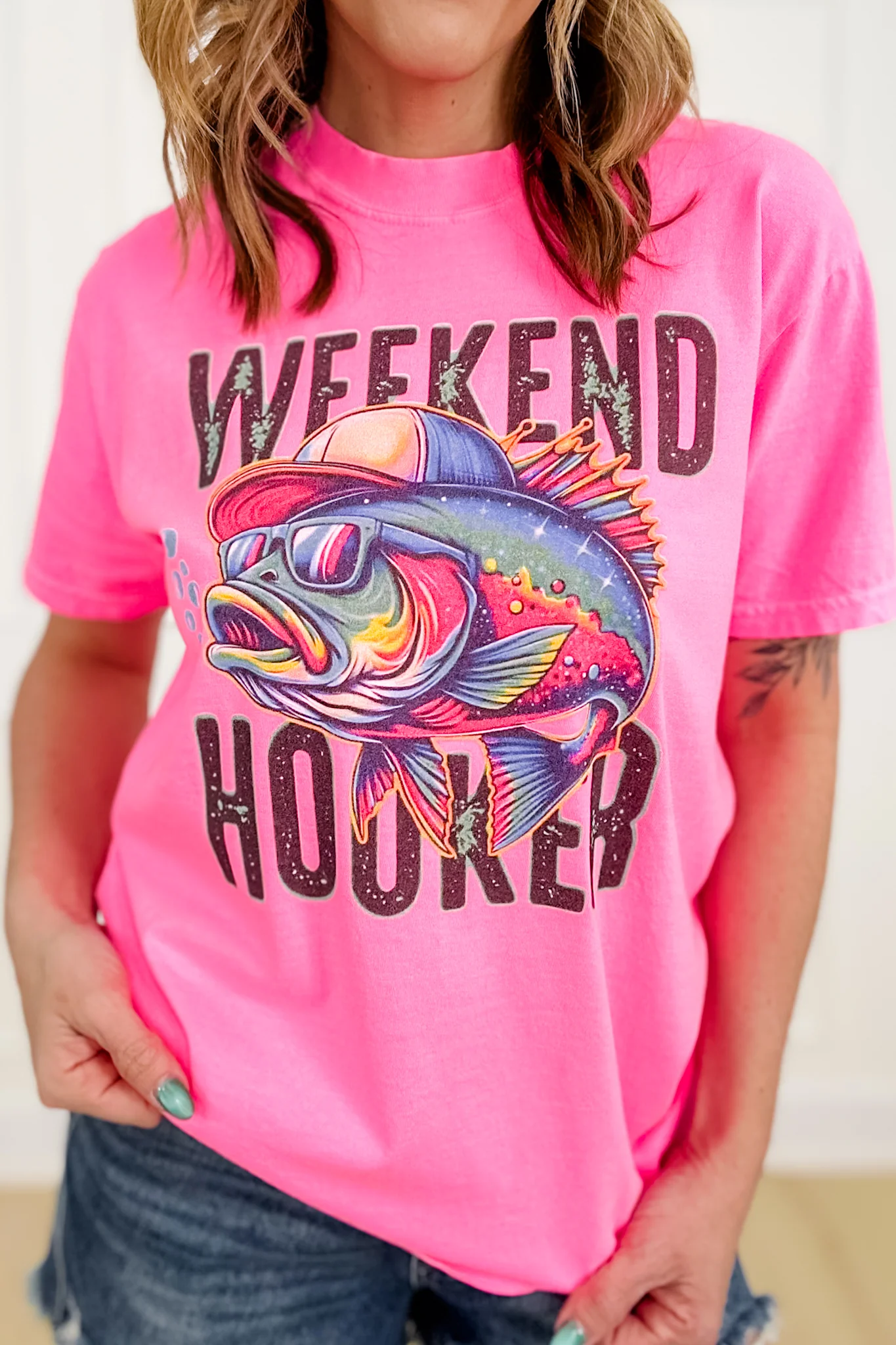 Plus/Reg Short Sleeve Bright Pink "Weekend Hooker" Graphic Tee - Image 3