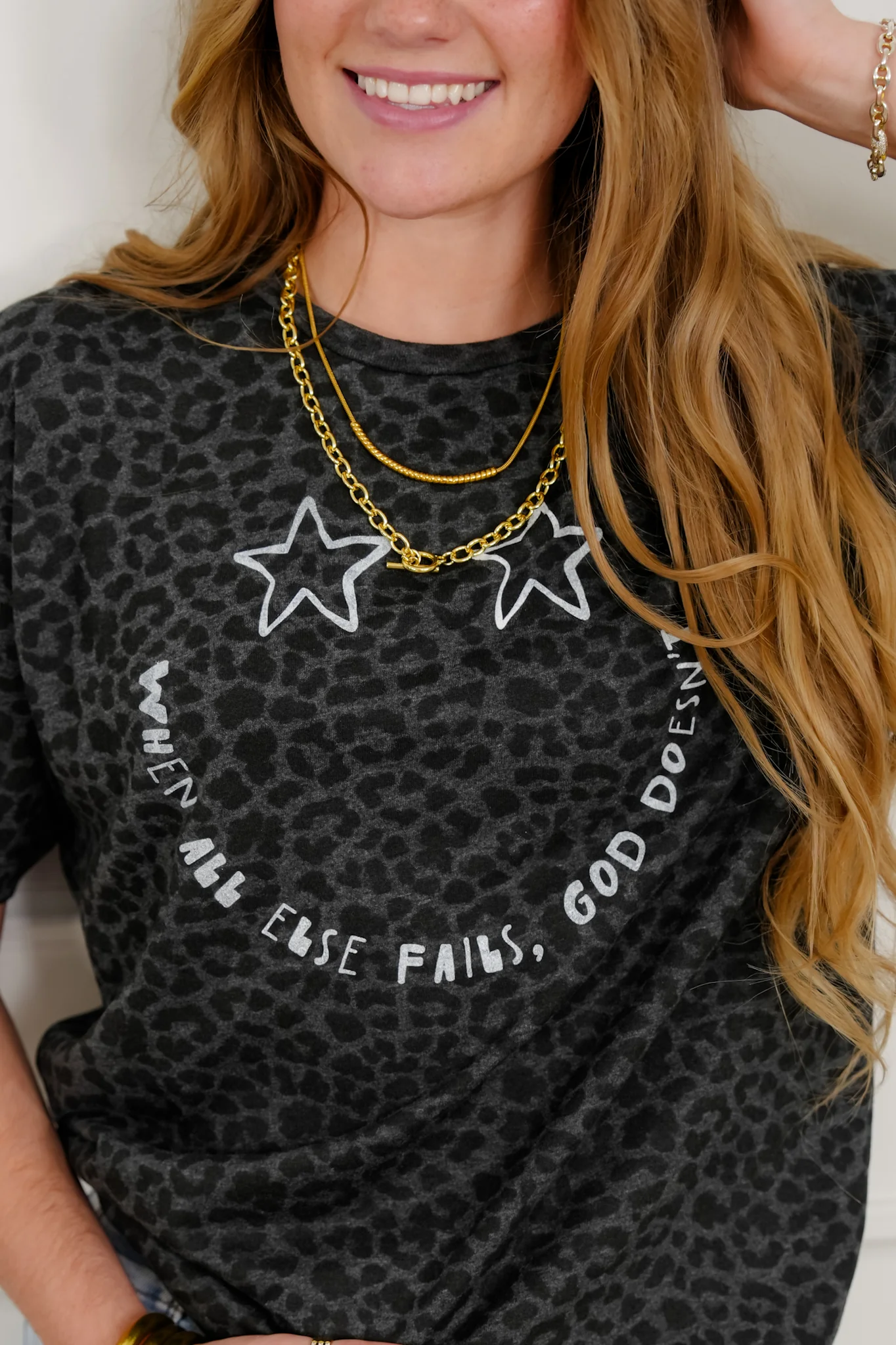 Plus/Reg Short Sleeve "When All Else Fails, God Doesn't" Leopard Print Graphic Tee - Image 3