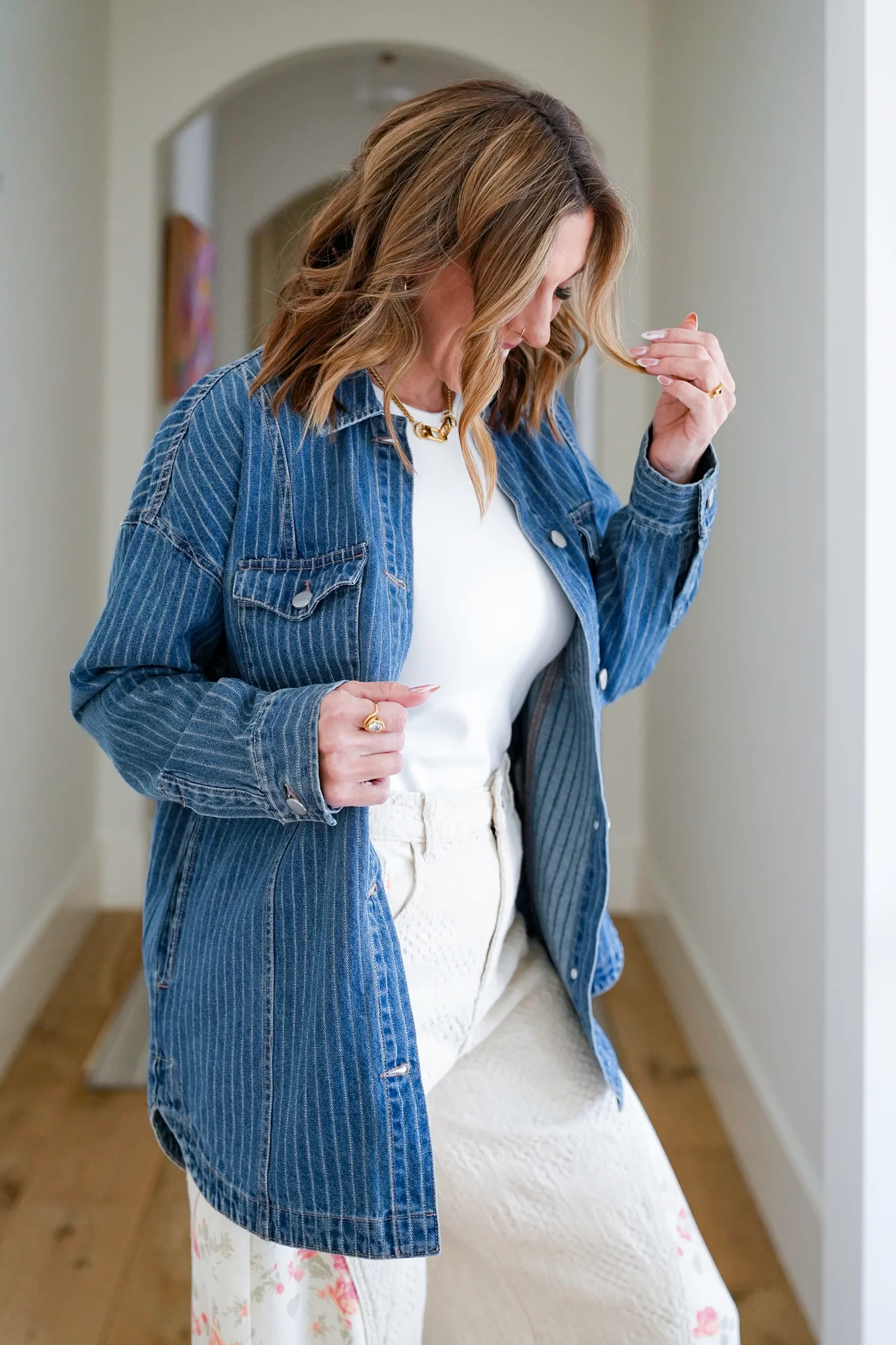 Plus/Reg Stripe Long Sleeve Button Up Shacket - Image 4