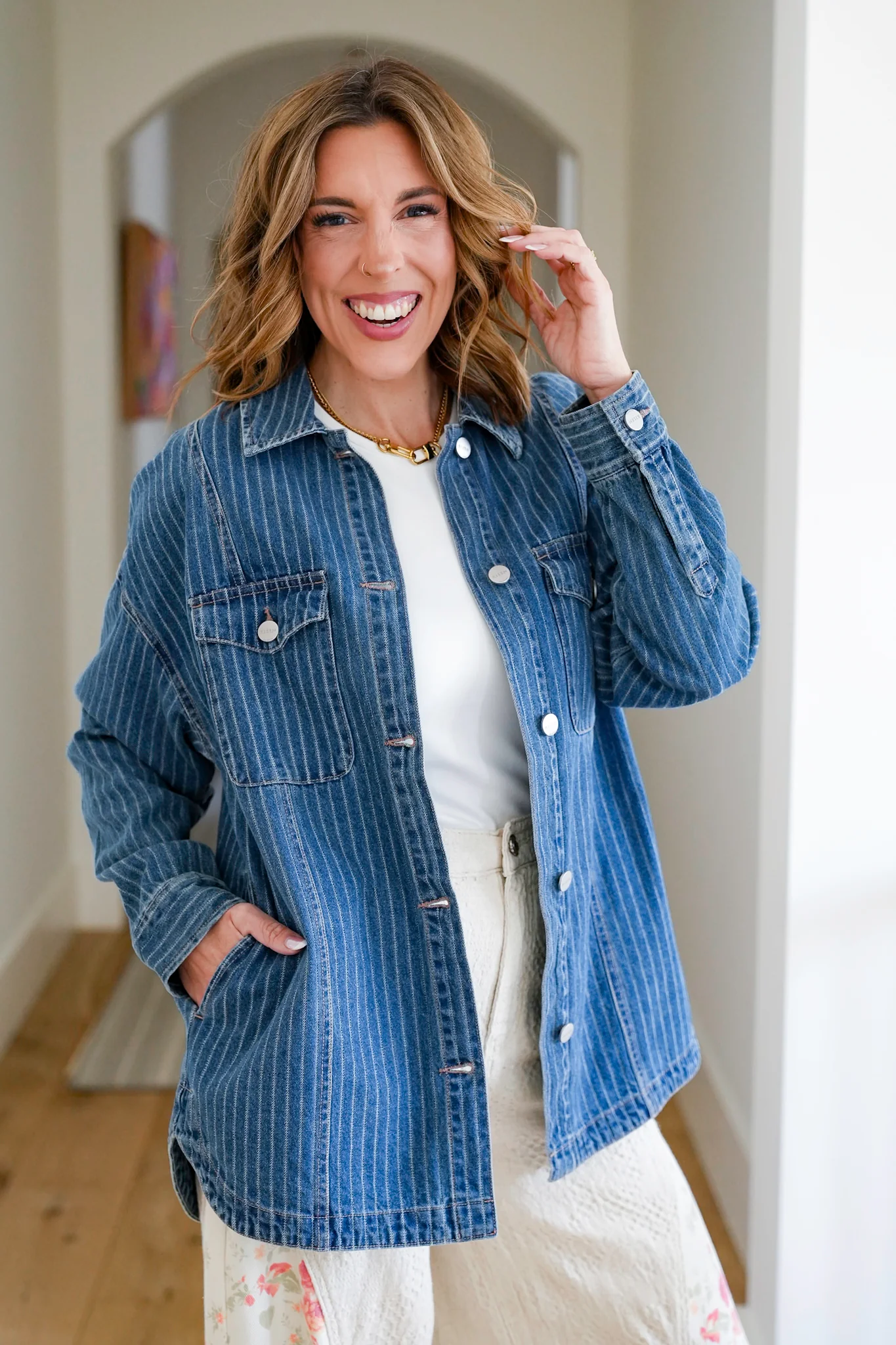 Plus/Reg Stripe Long Sleeve Button Up Shacket - Image 6
