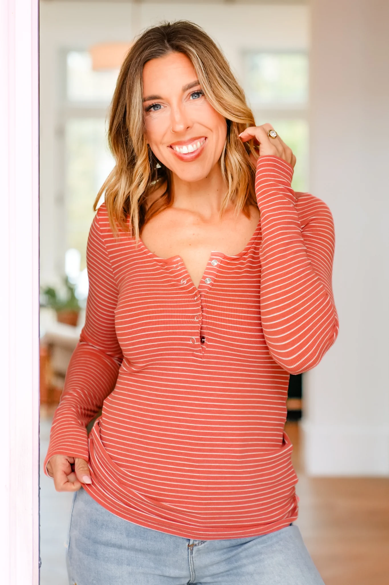 Plus/Reg Stripe Long Sleeve Henley Top - Image 4