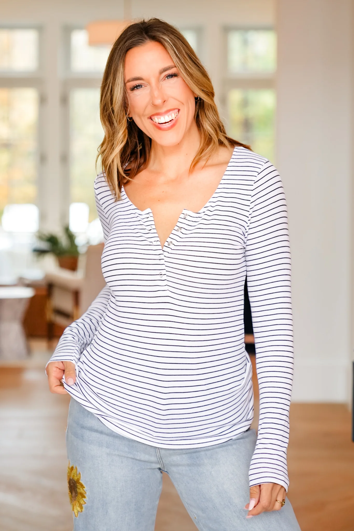 Plus/Reg Stripe Long Sleeve Henley Top - Image 5