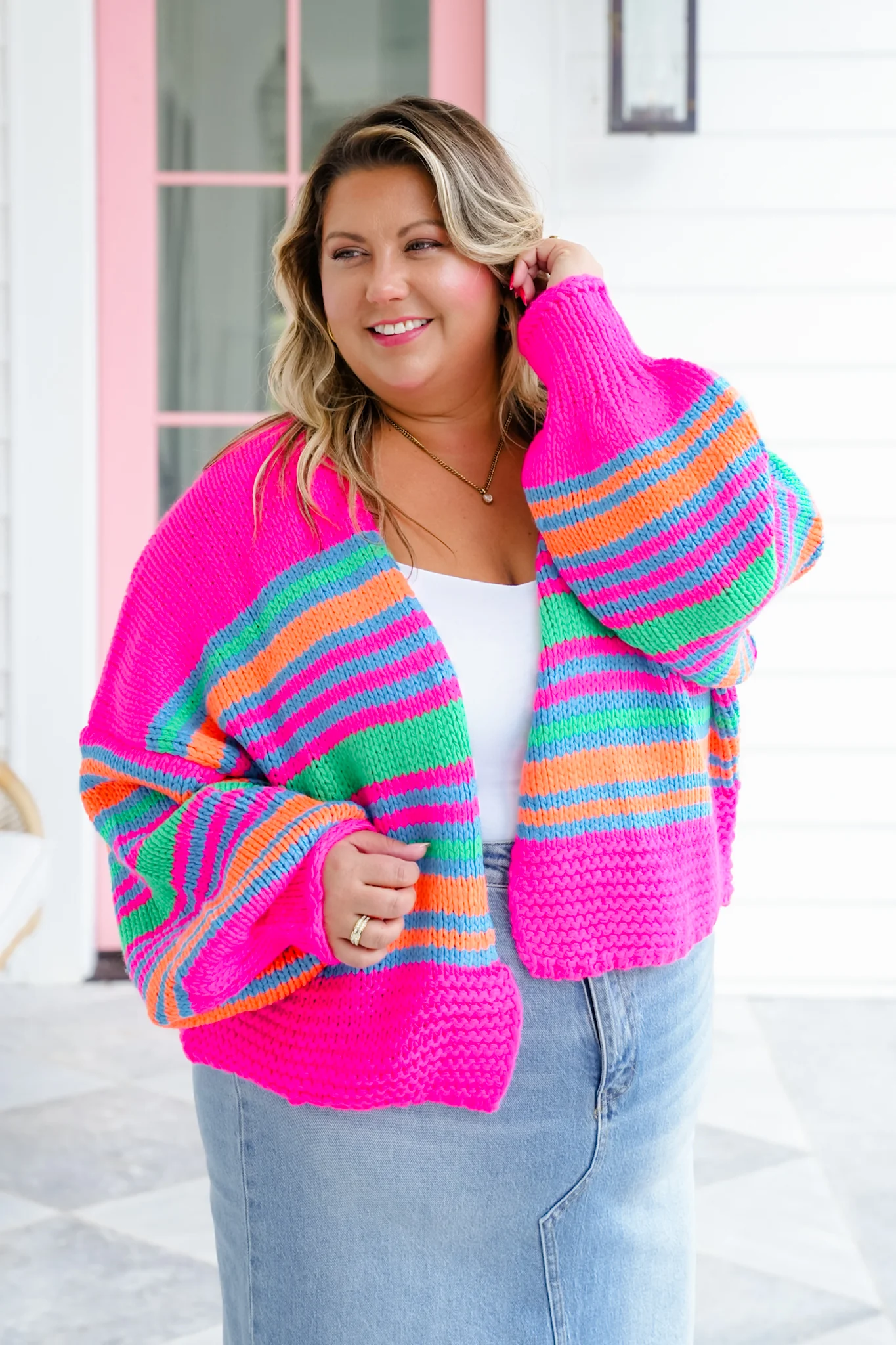 Plus/Reg Striped Long Sleeve Open Cardigan Sweater - Image 8