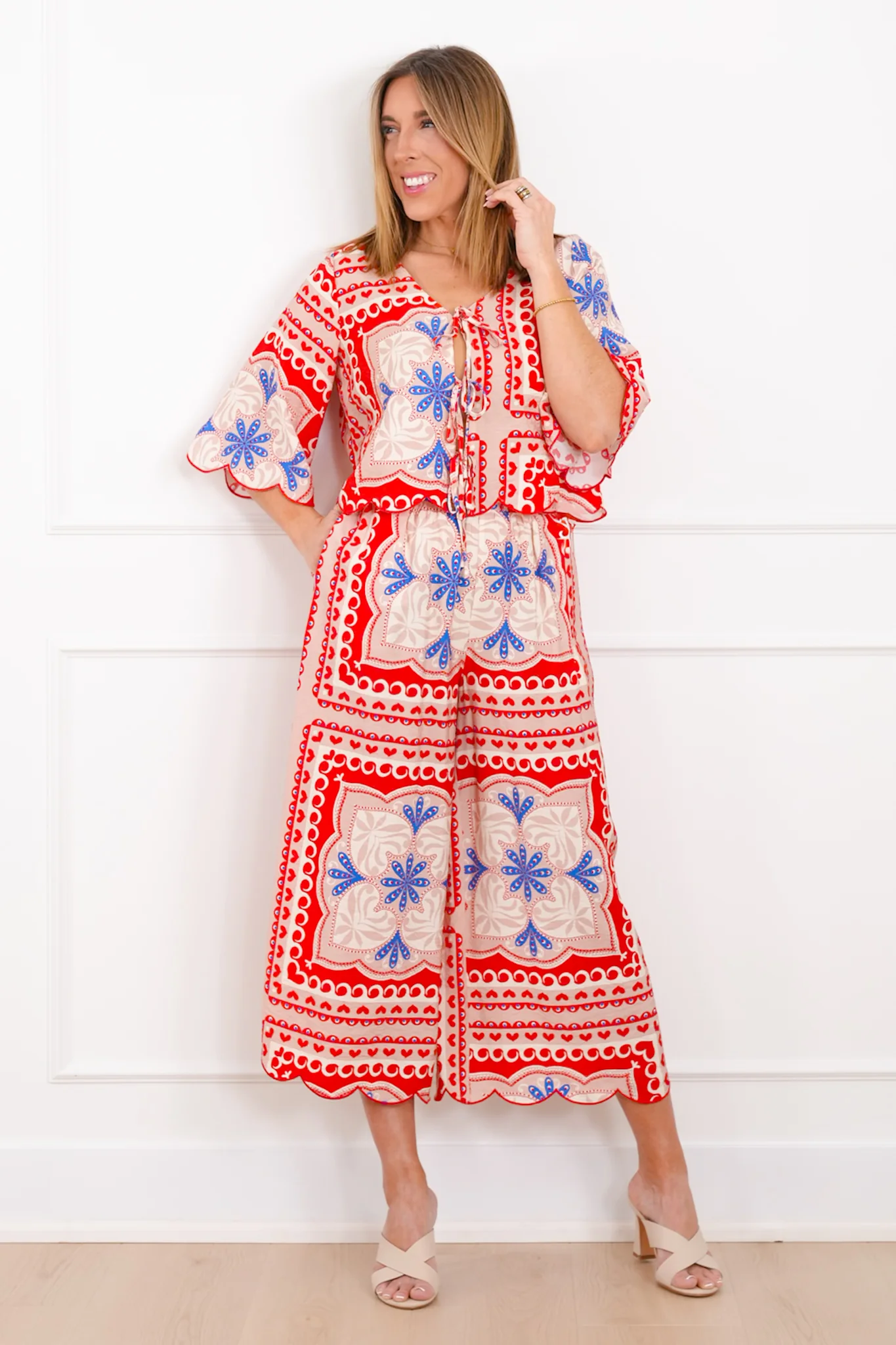 Plus/Reg Tropical Print Tie Front Blouse and Pants Set - Image 4