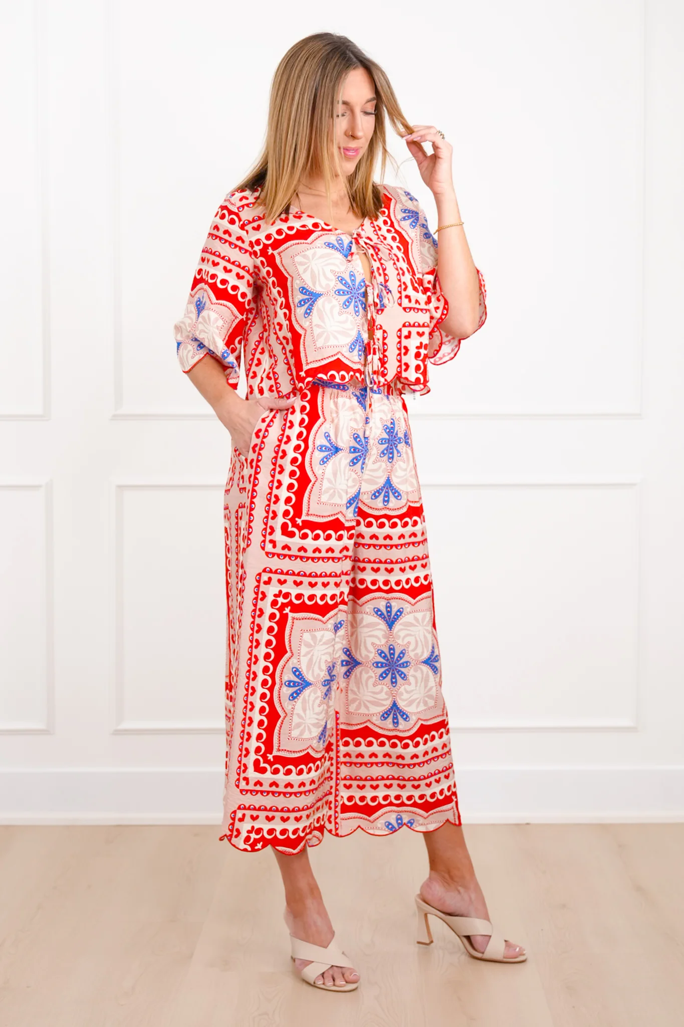 Plus/Reg Tropical Print Tie Front Blouse and Pants Set - Image 5