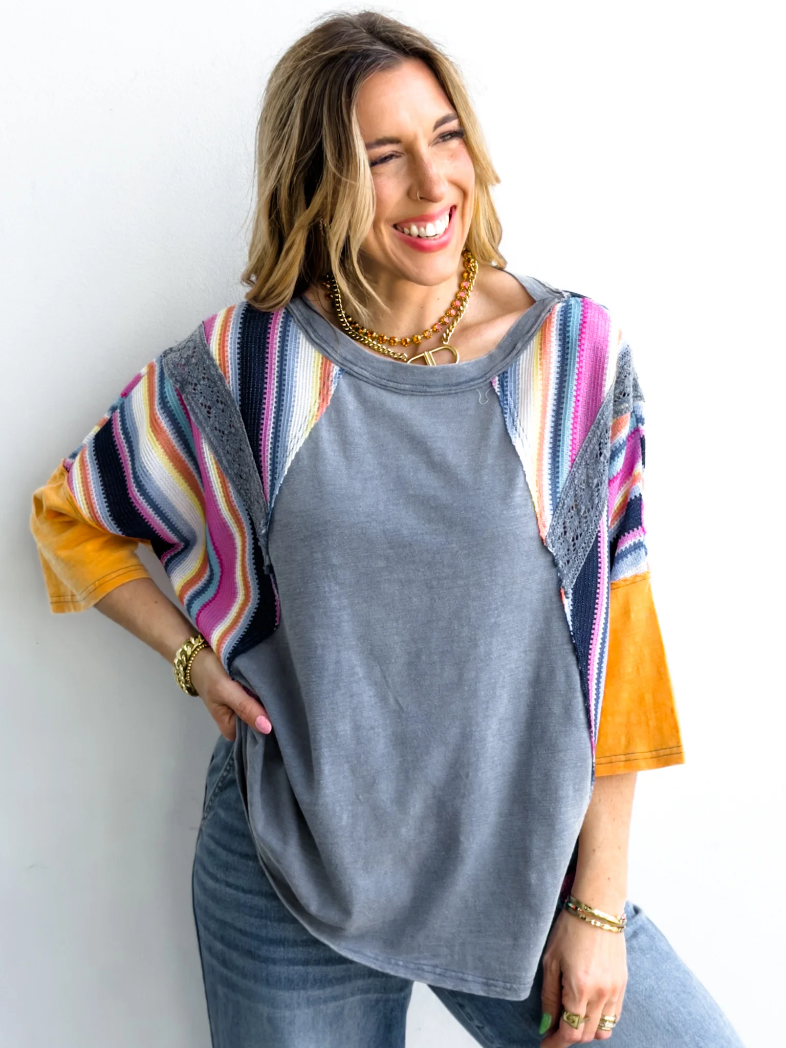 Plus/Reg Washed 3/4 Sleeve with Stripes - Image 2
