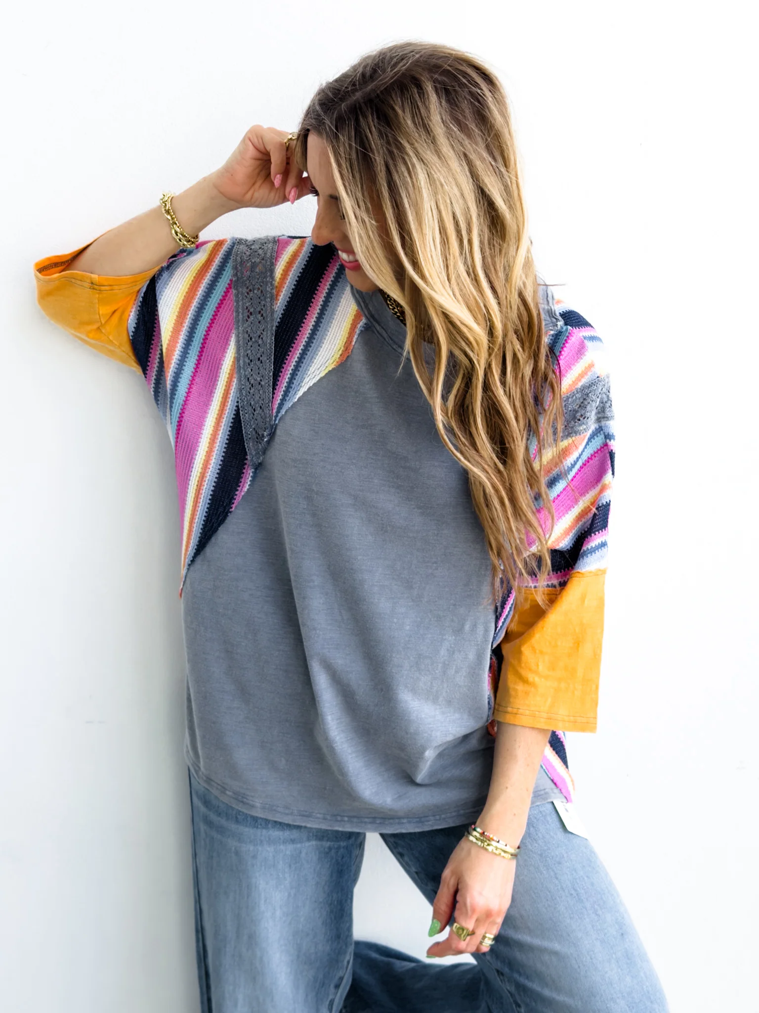 Plus/Reg Washed 3/4 Sleeve with Stripes - Image 5