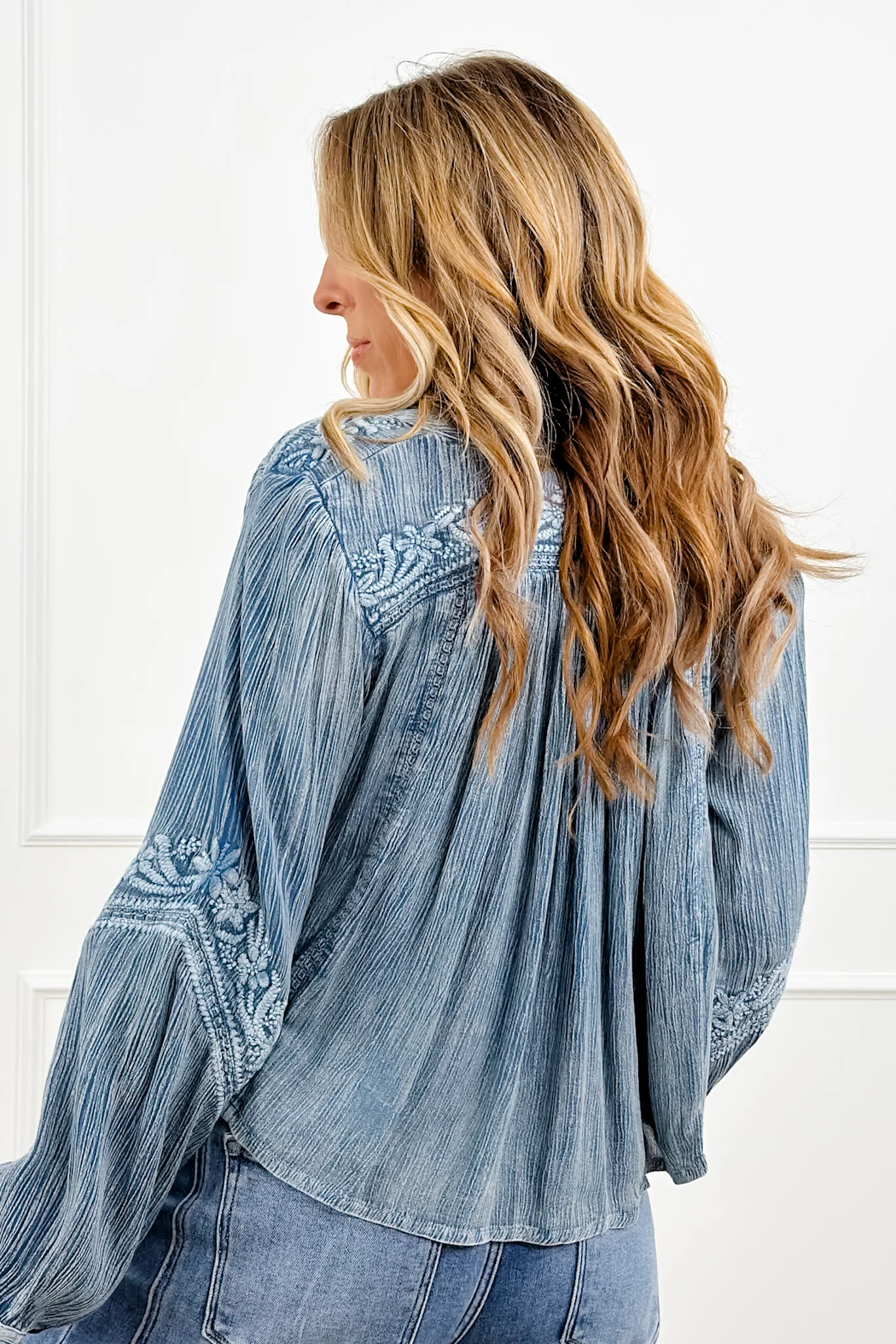 POL Blue Embroidered Long Sleeve V Neck Top - Image 4