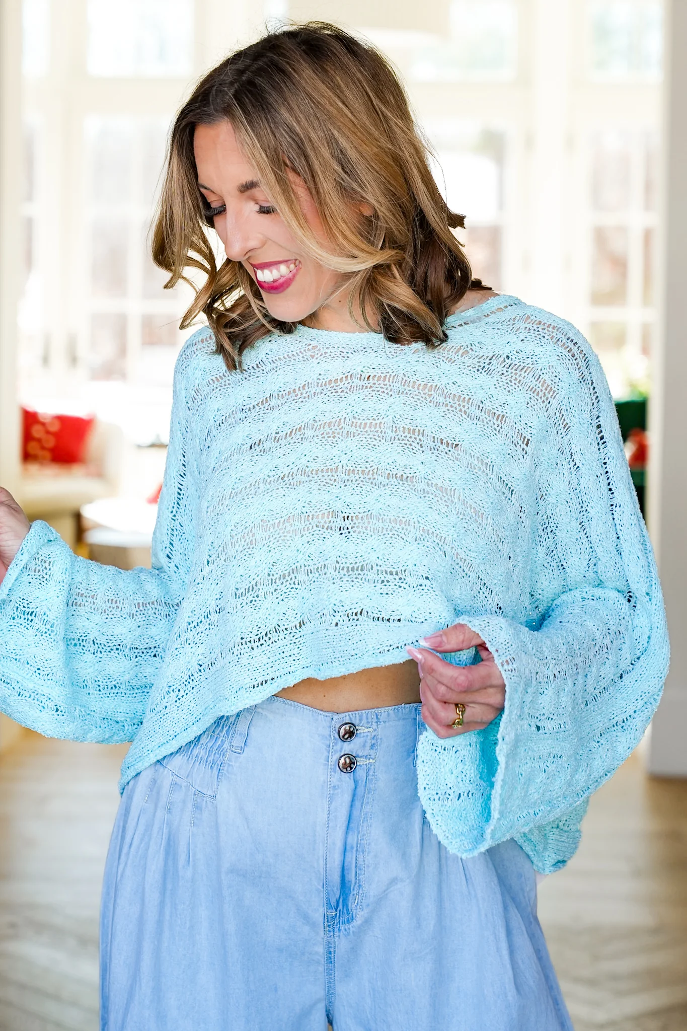 POL Cable Knit Long Sleeve Round Neck Cropped Sweater - Image 2