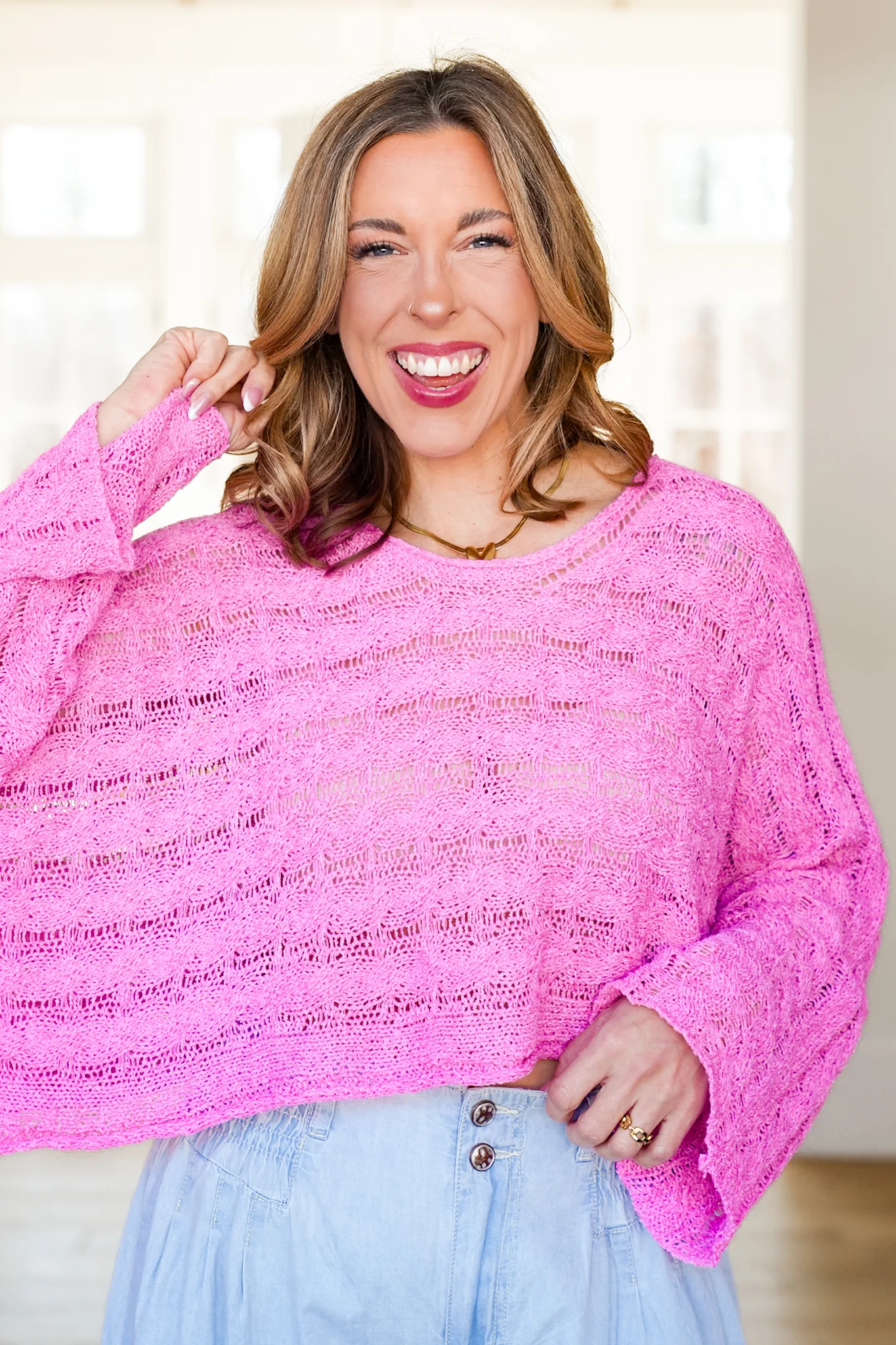 POL Cable Knit Long Sleeve Round Neck Cropped Sweater - Image 6