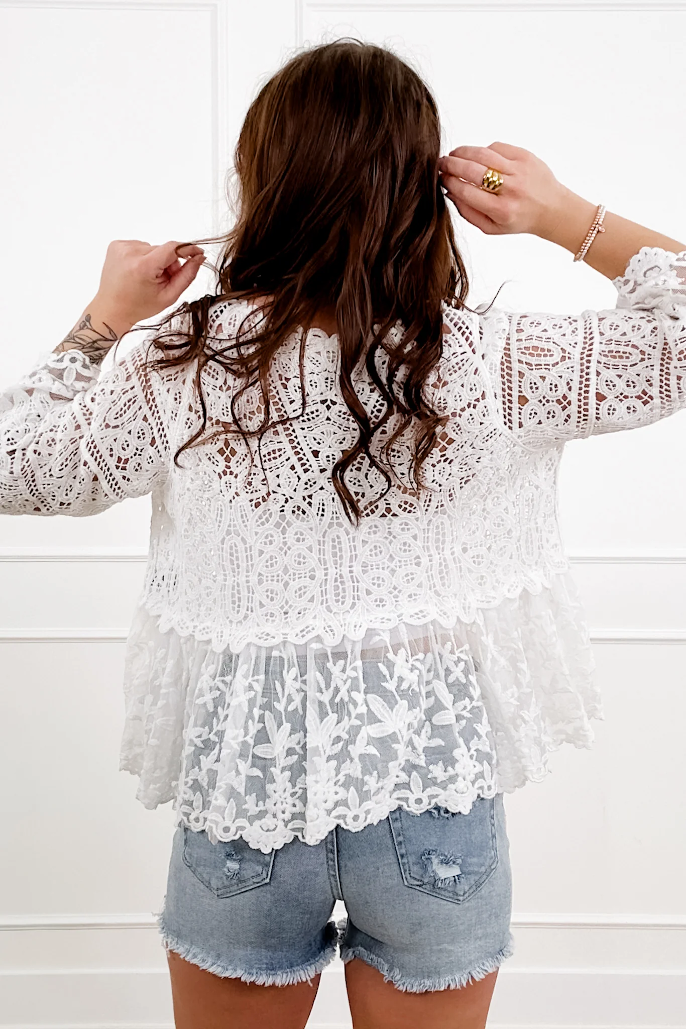 POL Crochet 3/4 Sleeve Front Tie Cardigan - Image 4