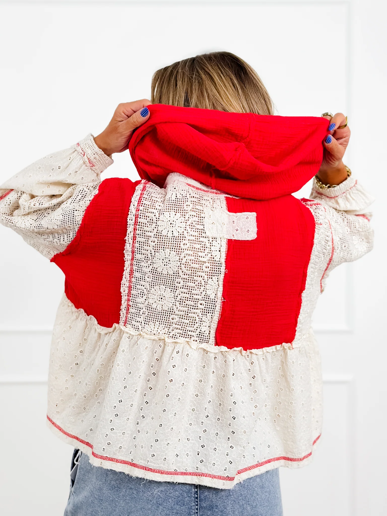 POL Crochet Long Sleeve V Neck Hoodie Top - Image 2
